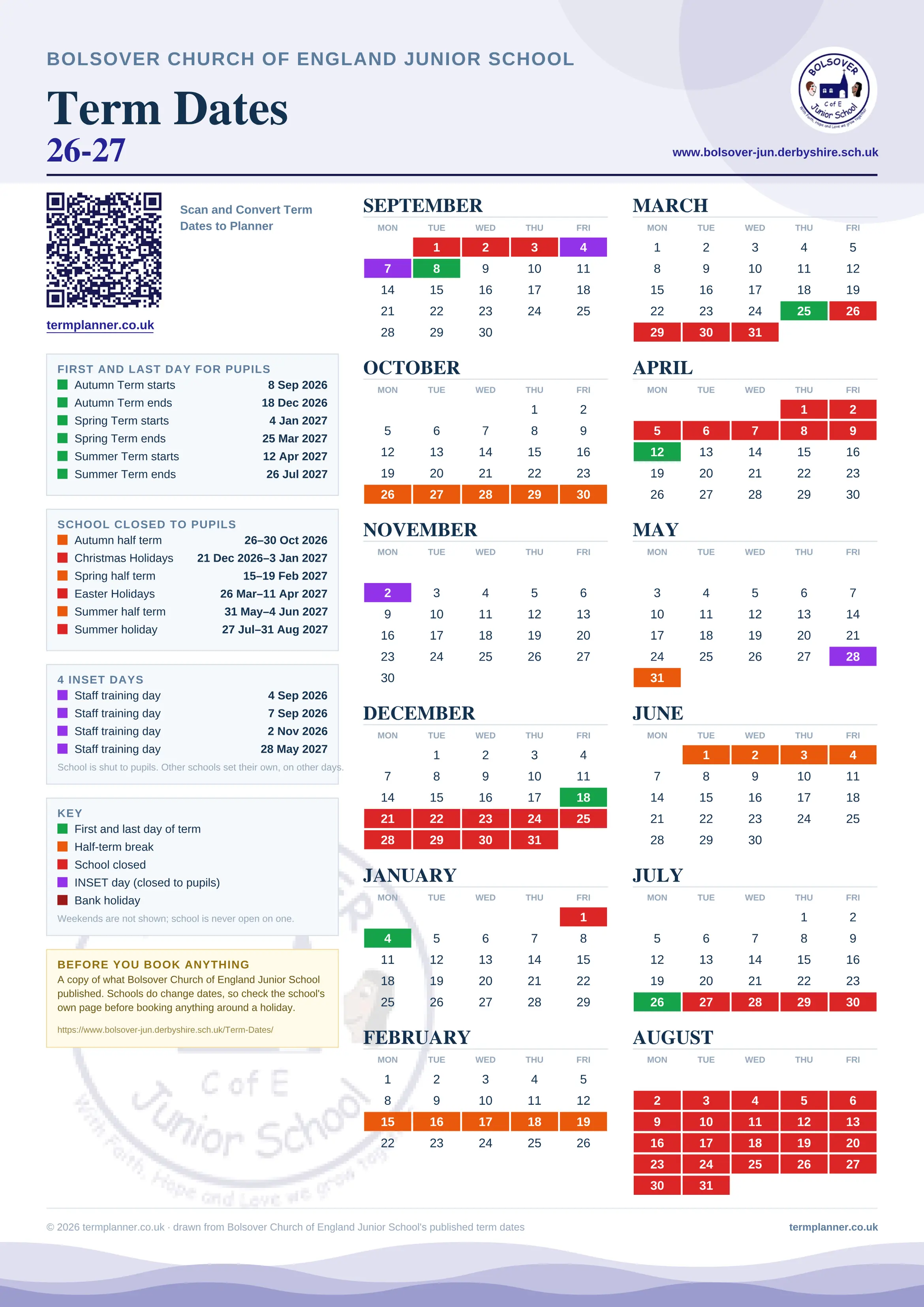 Bolsover Church of England Junior School’s 2026/27 school year drawn as one sheet: twelve month grids from September to August, Monday to Friday, with autumn term 8 September to 18 December 2026, spring term 4 January to 25 March 2027, summer term 12 April to 26 July 2027. Half terms, holidays and bank holidays are filled in colour, the first and last day of each term is marked, 4 INSET days are picked out, and every date is listed again in words down the left.