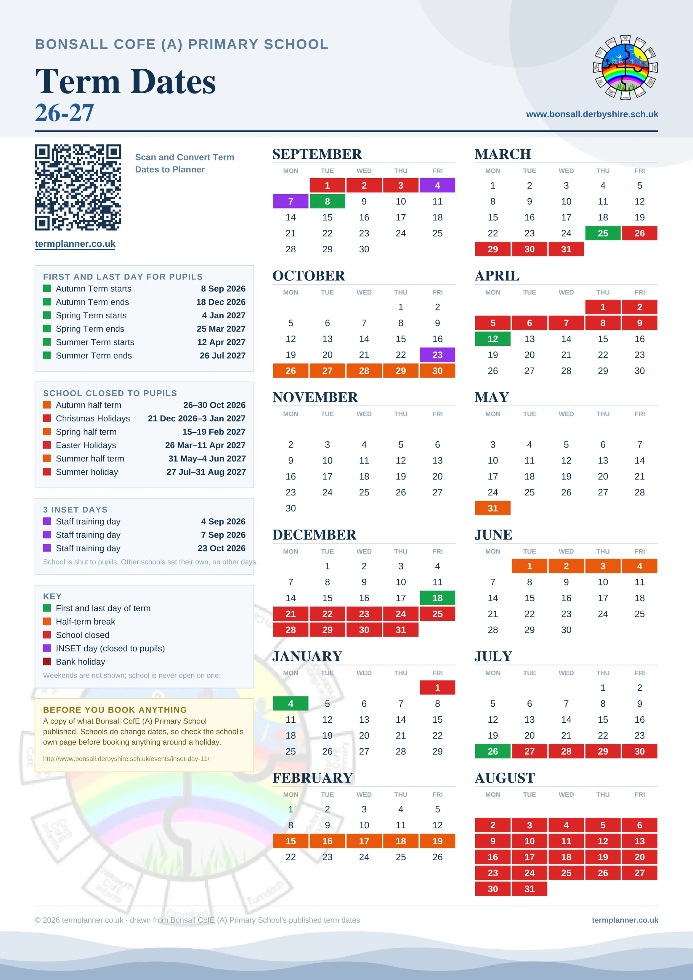 Bonsall CofE (A) Primary School’s 2026/27 school year drawn as one sheet: twelve month grids from September to August, Monday to Friday, with autumn term 8 September to 18 December 2026, spring term 4 January to 25 March 2027, summer term 12 April to 26 July 2027. Half terms, holidays and bank holidays are filled in colour, the first and last day of each term is marked, 3 INSET days are picked out, and every date is listed again in words down the left.
