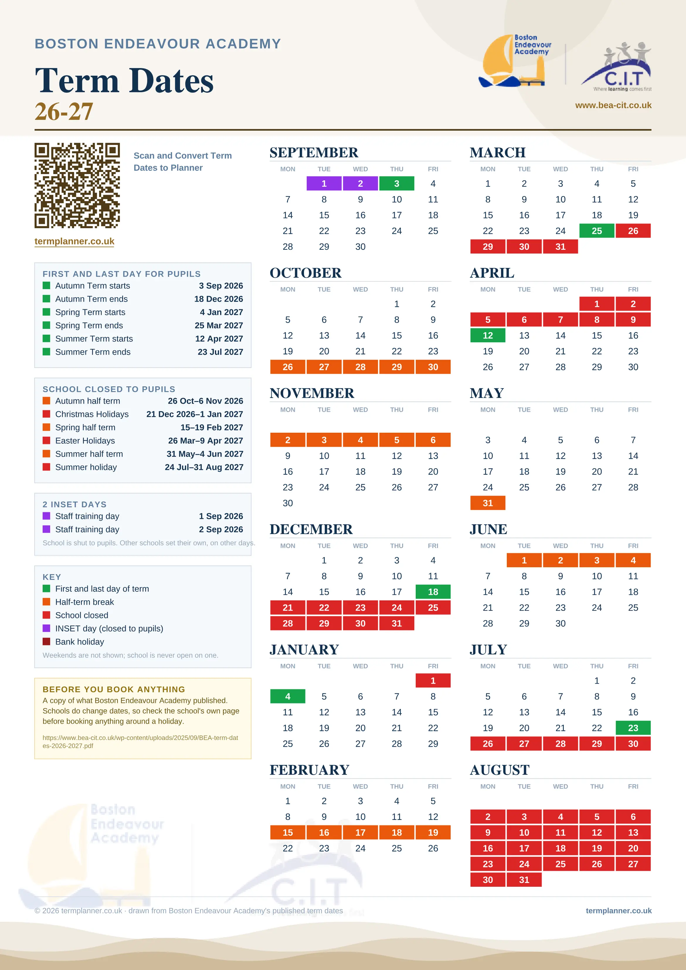 Boston Endeavour Academy’s 2026/27 school year drawn as one sheet: twelve month grids from September to August, Monday to Friday, with autumn term 3 September to 18 December 2026, spring term 4 January to 25 March 2027, summer term 12 April to 23 July 2027. Half terms, holidays and bank holidays are filled in colour, the first and last day of each term is marked, 2 INSET days are picked out, and every date is listed again in words down the left.