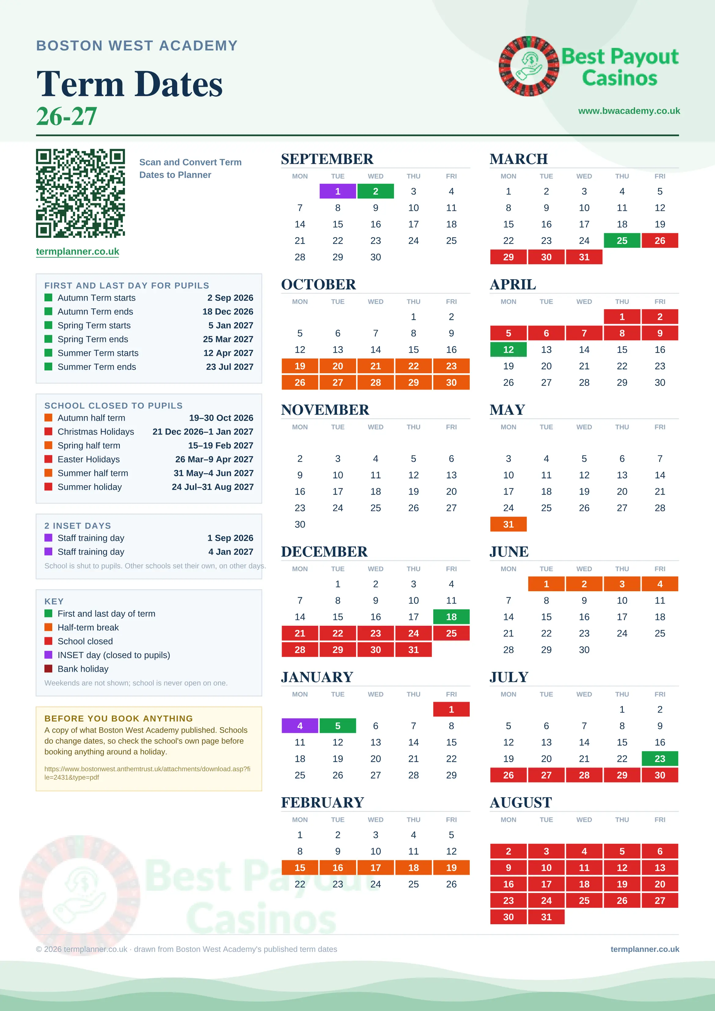 Boston West Academy’s 2026/27 school year drawn as one sheet: twelve month grids from September to August, Monday to Friday, with autumn term 2 September to 18 December 2026, spring term 5 January to 25 March 2027, summer term 12 April to 23 July 2027. Half terms, holidays and bank holidays are filled in colour, the first and last day of each term is marked, 2 INSET days are picked out, and every date is listed again in words down the left.