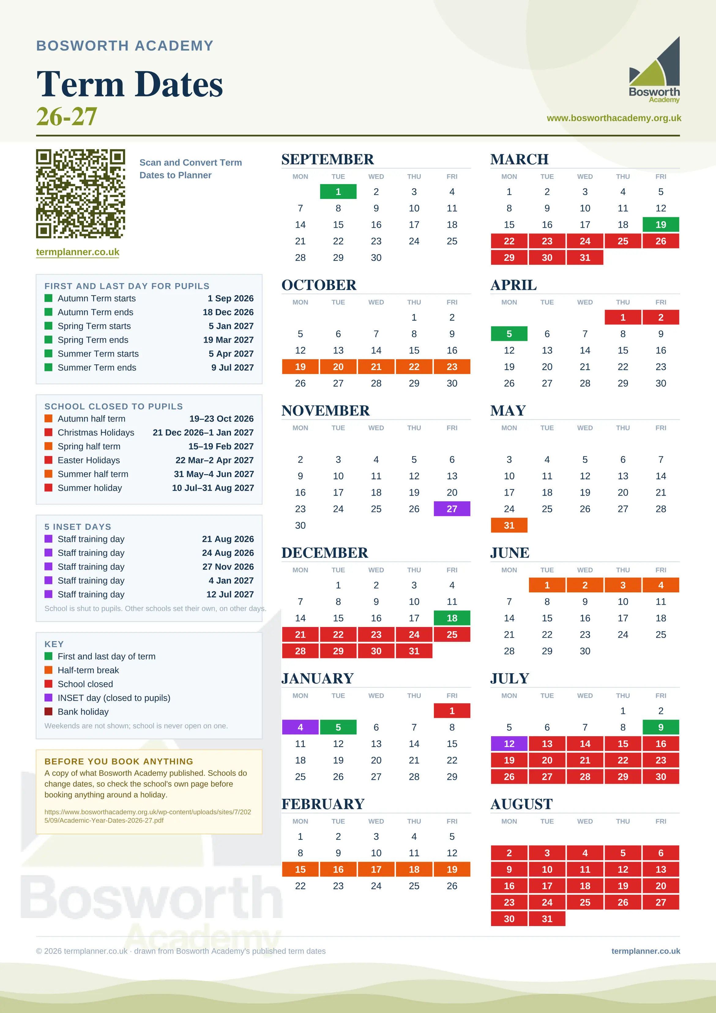 Bosworth Academy’s 2026/27 school year drawn as one sheet: twelve month grids from September to August, Monday to Friday, with autumn term 1 September to 18 December 2026, spring term 5 January to 19 March 2027, summer term 5 April to 9 July 2027. Half terms, holidays and bank holidays are filled in colour, the first and last day of each term is marked, 5 INSET days are picked out, and every date is listed again in words down the left.