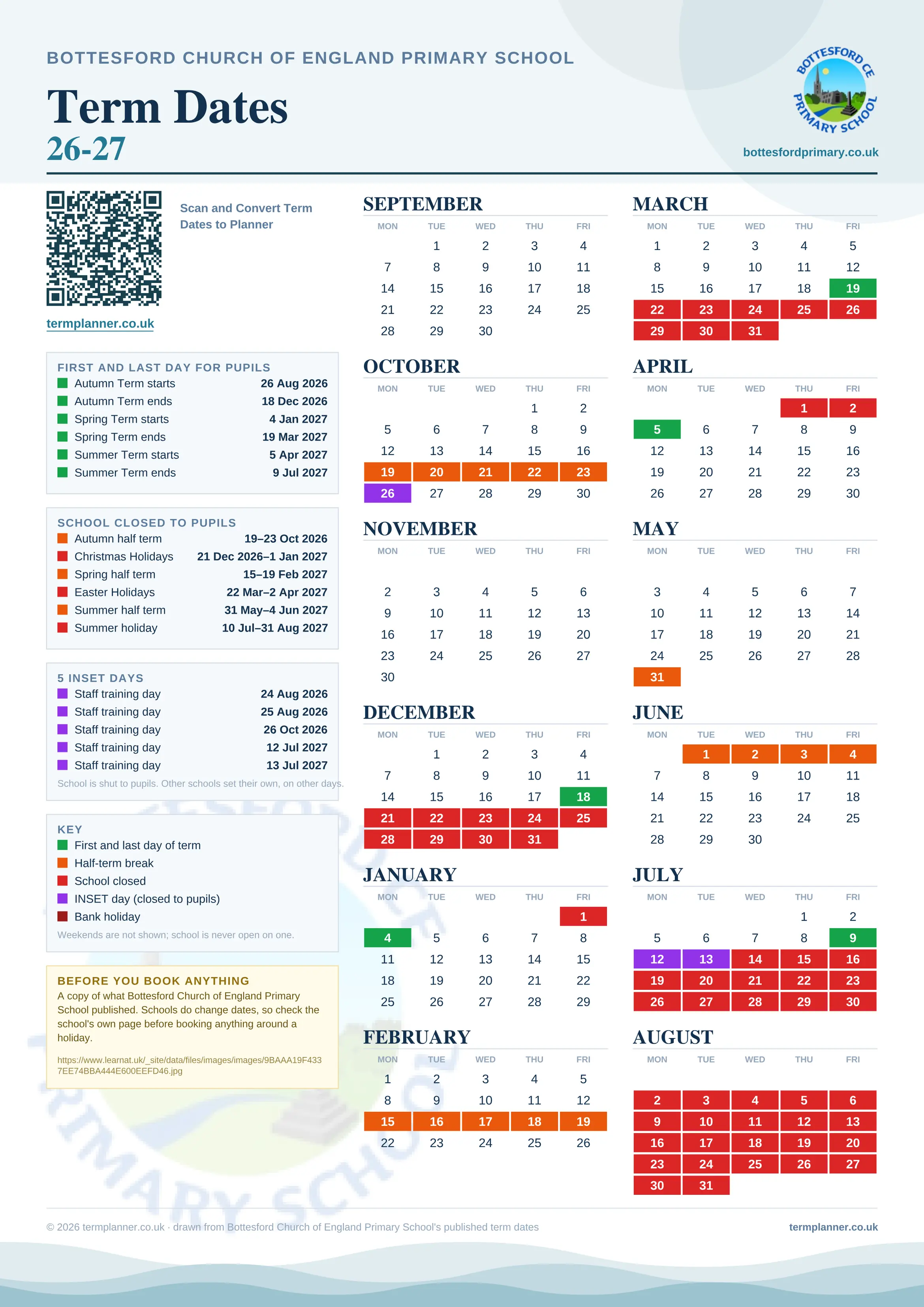 Bottesford Church of England Primary School’s 2026/27 school year drawn as one sheet: twelve month grids from September to August, Monday to Friday, with autumn term 26 August to 18 December 2026, spring term 4 January to 19 March 2027, summer term 5 April to 9 July 2027. Half terms, holidays and bank holidays are filled in colour, the first and last day of each term is marked, 5 INSET days are picked out, and every date is listed again in words down the left.