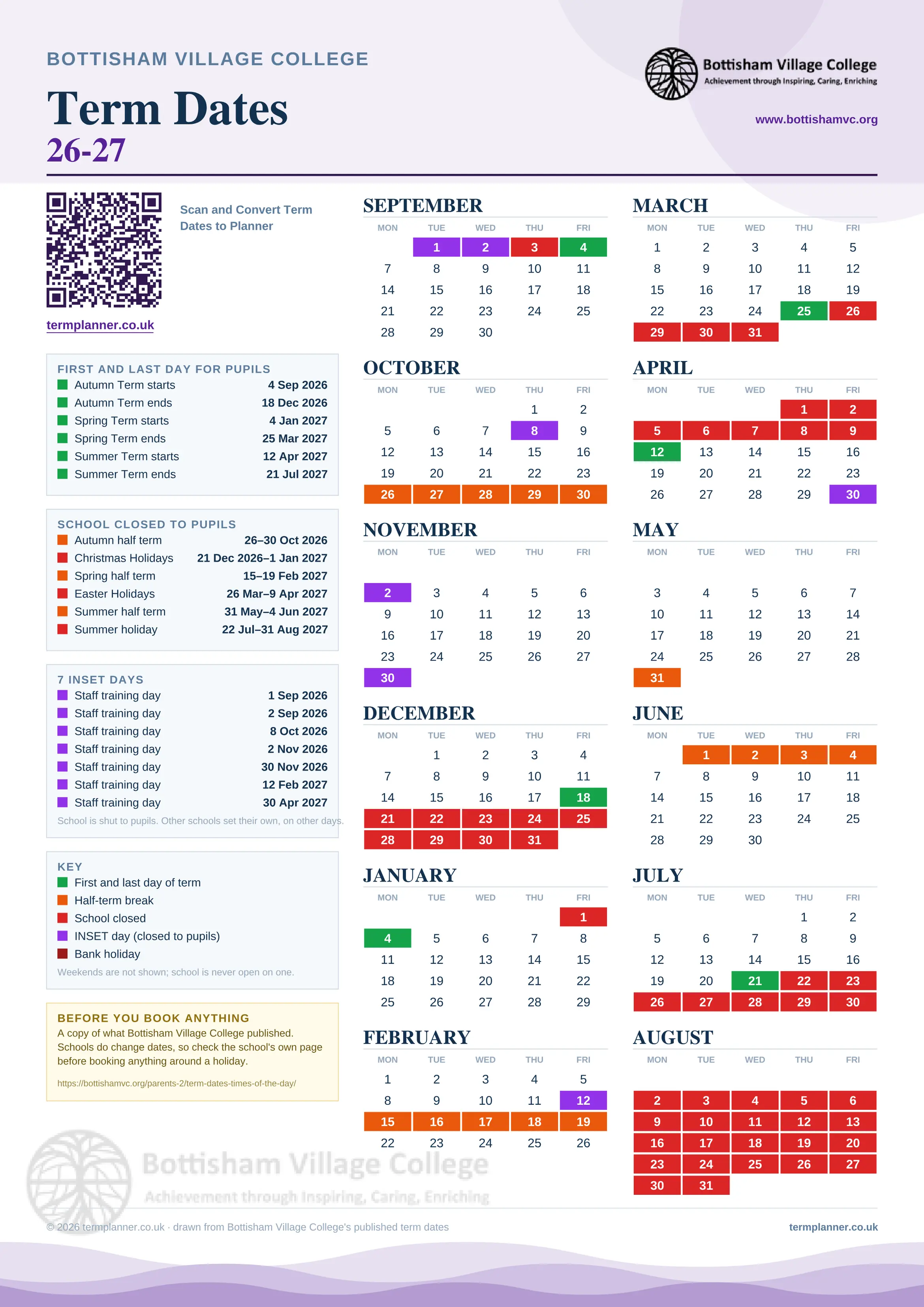 Bottisham Village College’s 2026/27 school year drawn as one sheet: twelve month grids from September to August, Monday to Friday, with autumn term 4 September to 18 December 2026, spring term 4 January to 25 March 2027, summer term 12 April to 21 July 2027. Half terms, holidays and bank holidays are filled in colour, the first and last day of each term is marked, 7 INSET days are picked out, and every date is listed again in words down the left.