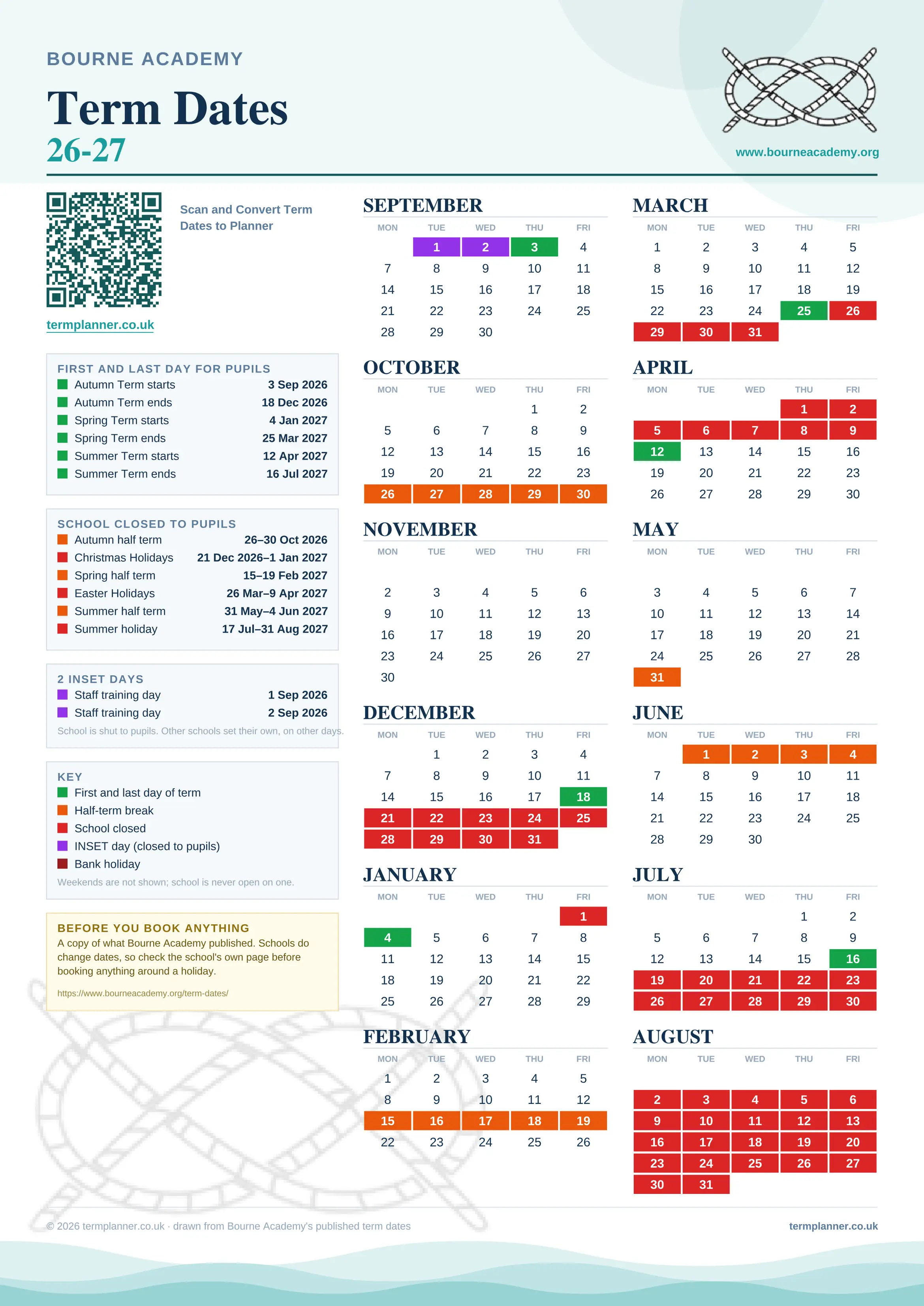 Bourne Academy’s 2026/27 school year drawn as one sheet: twelve month grids from September to August, Monday to Friday, with autumn term 3 September to 18 December 2026, spring term 4 January to 25 March 2027, summer term 12 April to 16 July 2027. Half terms, holidays and bank holidays are filled in colour, the first and last day of each term is marked, 2 INSET days are picked out, and every date is listed again in words down the left.