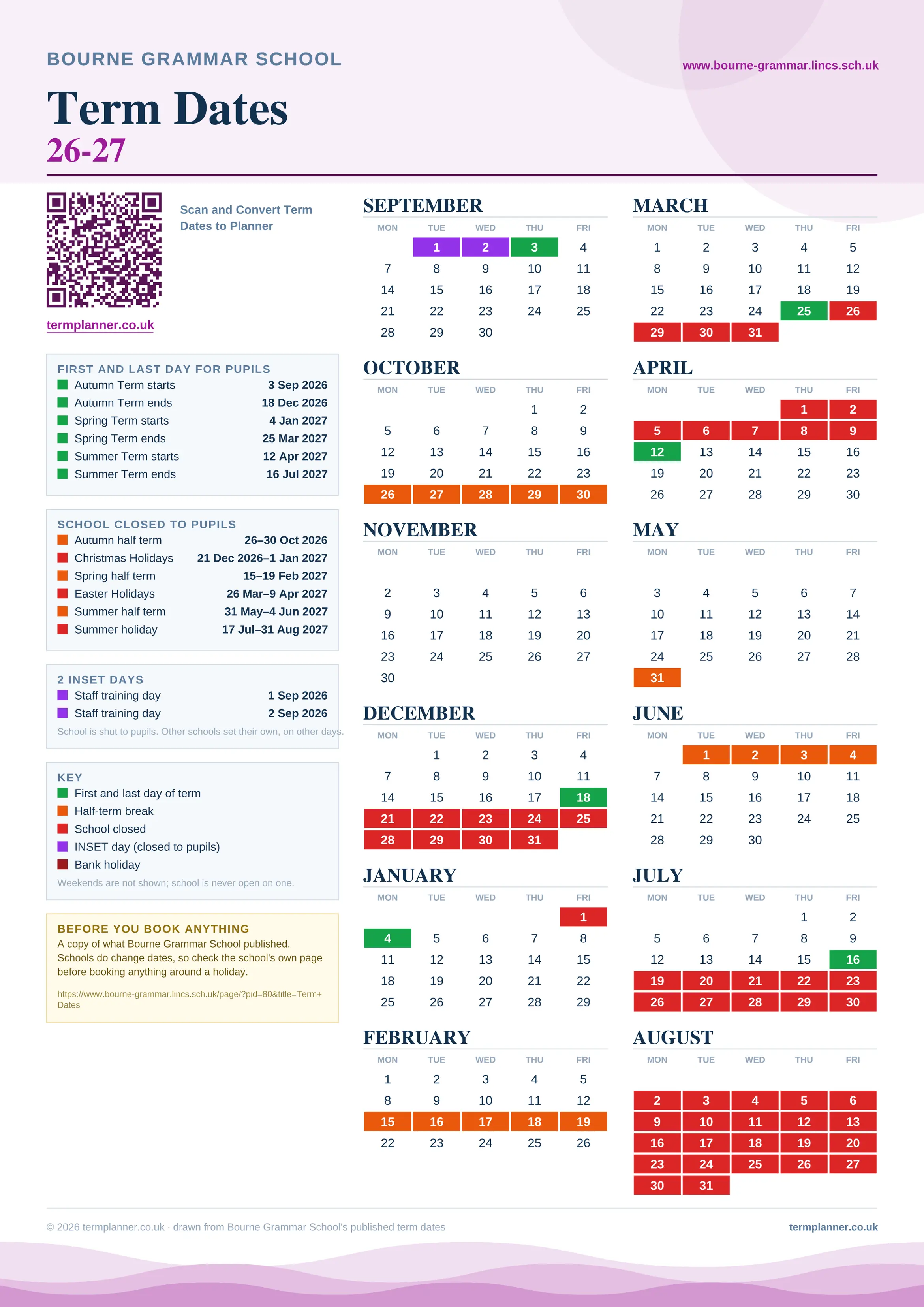Bourne Grammar School’s 2026/27 school year drawn as one sheet: twelve month grids from September to August, Monday to Friday, with autumn term 3 September to 18 December 2026, spring term 4 January to 25 March 2027, summer term 12 April to 16 July 2027. Half terms, holidays and bank holidays are filled in colour, the first and last day of each term is marked, 2 INSET days are picked out, and every date is listed again in words down the left.
