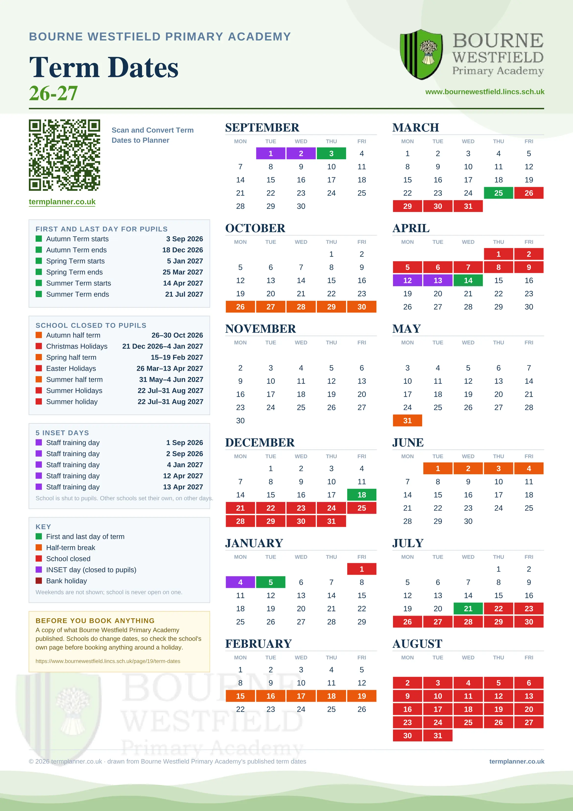 Bourne Westfield Primary Academy’s 2026/27 school year drawn as one sheet: twelve month grids from September to August, Monday to Friday, with autumn term 3 September to 18 December 2026, spring term 5 January to 25 March 2027, summer term 14 April to 21 July 2027. Half terms, holidays and bank holidays are filled in colour, the first and last day of each term is marked, 5 INSET days are picked out, and every date is listed again in words down the left.