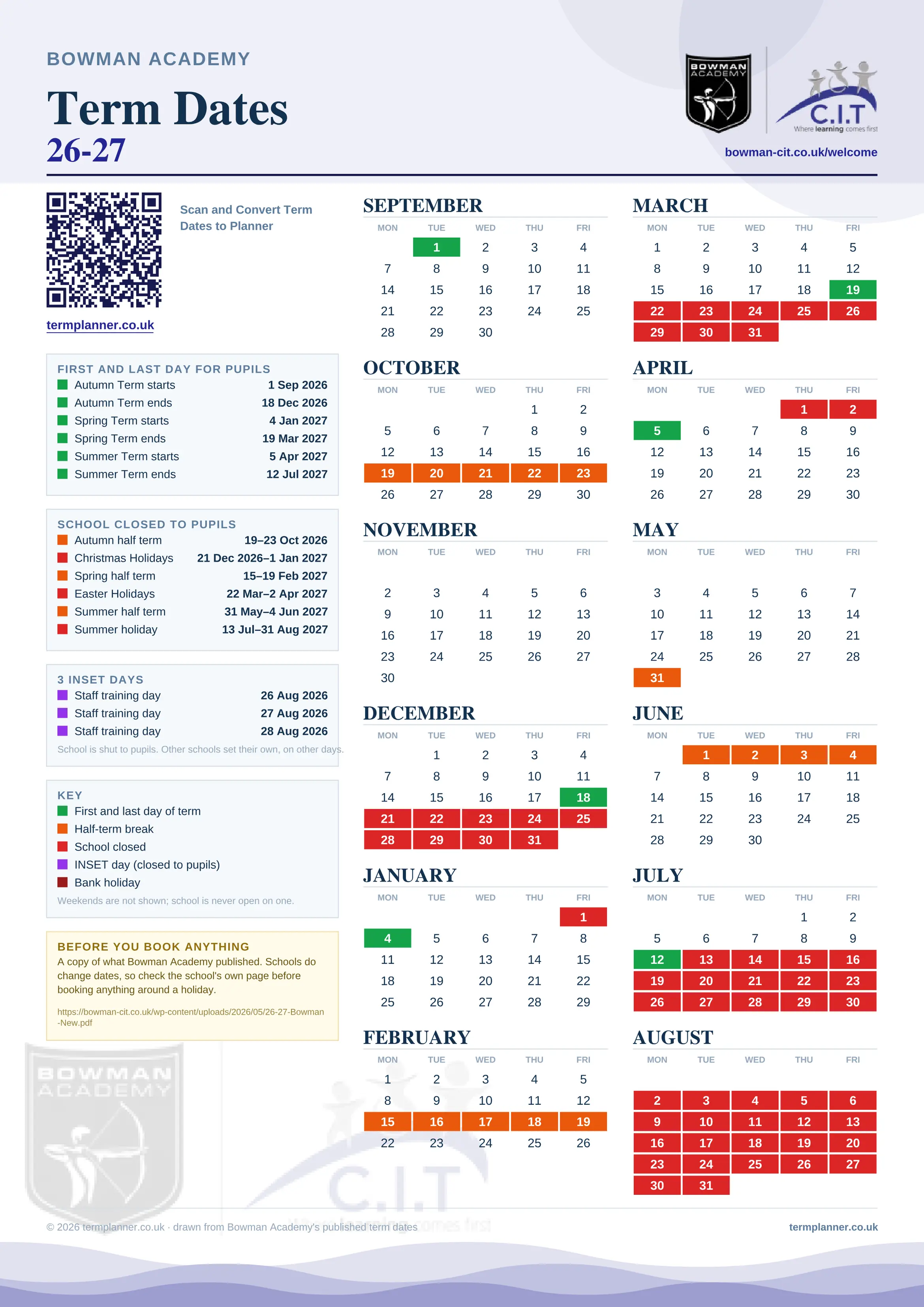 Bowman Academy’s 2026/27 school year drawn as one sheet: twelve month grids from September to August, Monday to Friday, with autumn term 1 September to 18 December 2026, spring term 4 January to 19 March 2027, summer term 5 April to 12 July 2027. Half terms, holidays and bank holidays are filled in colour, the first and last day of each term is marked, 3 INSET days are picked out, and every date is listed again in words down the left.