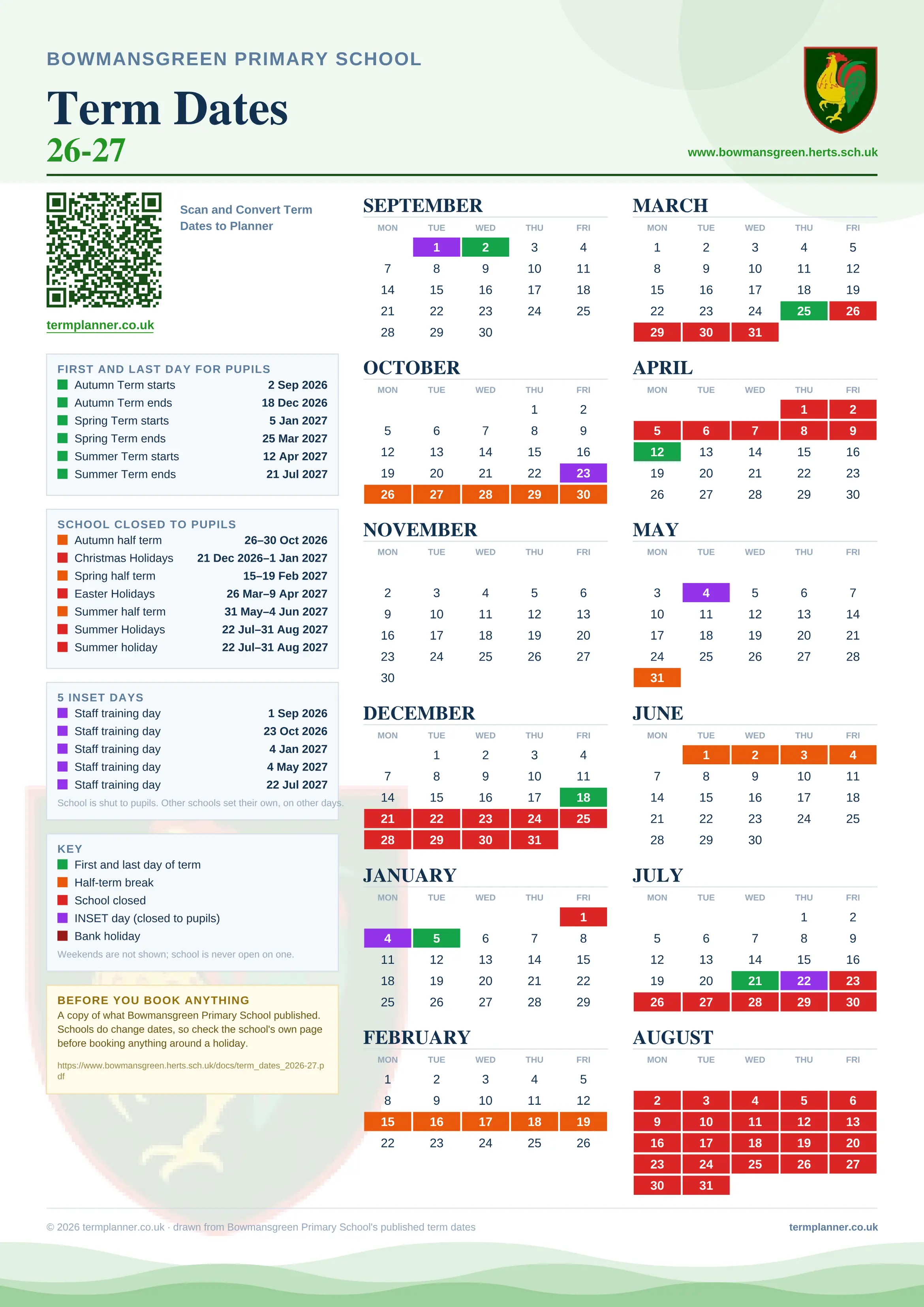 Bowmansgreen Primary School’s 2026/27 school year drawn as one sheet: twelve month grids from September to August, Monday to Friday, with autumn term 2 September to 18 December 2026, spring term 5 January to 25 March 2027, summer term 12 April to 21 July 2027. Half terms, holidays and bank holidays are filled in colour, the first and last day of each term is marked, 5 INSET days are picked out, and every date is listed again in words down the left.