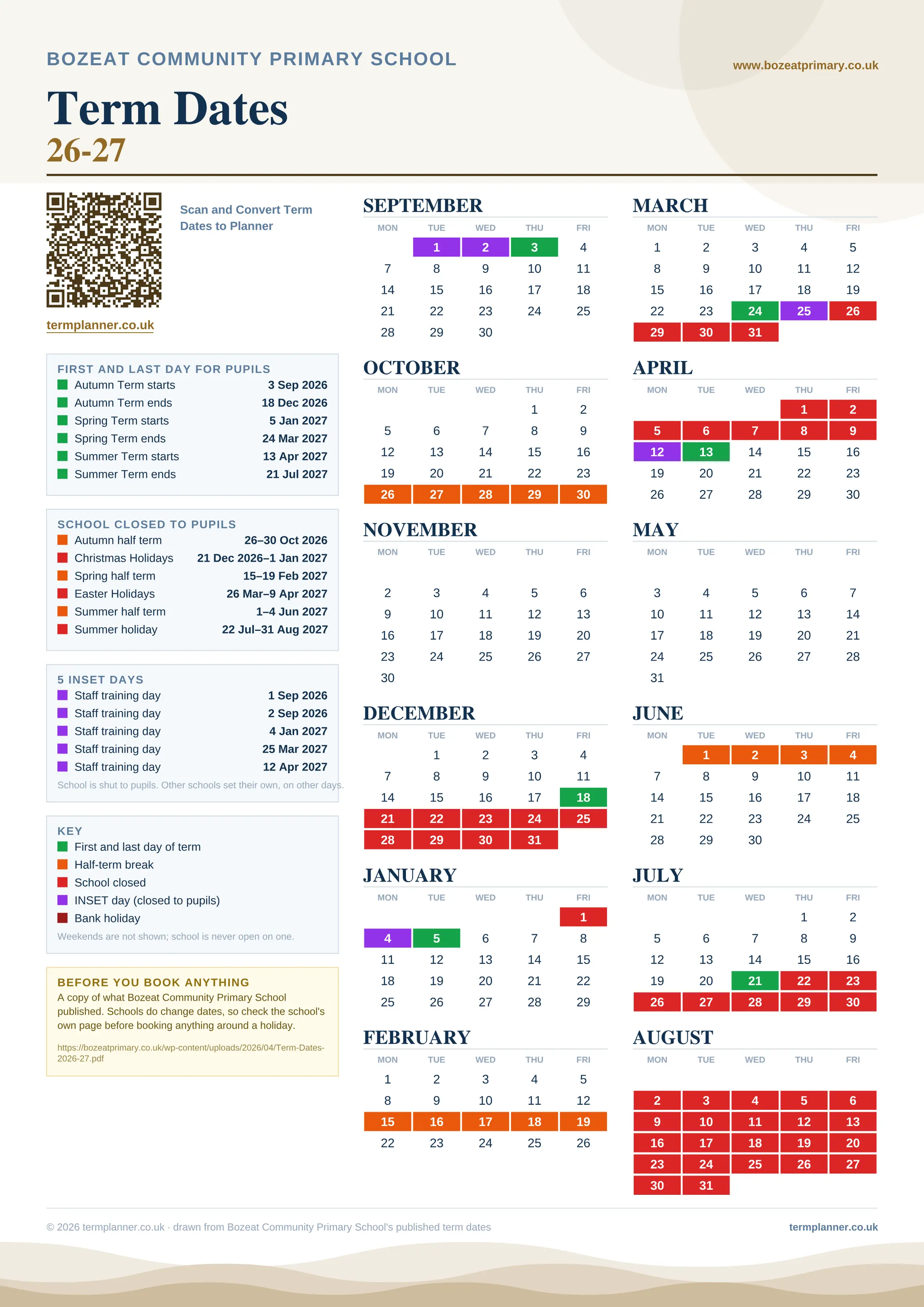 Bozeat Community Primary School’s 2026/27 school year drawn as one sheet: twelve month grids from September to August, Monday to Friday, with autumn term 3 September to 18 December 2026, spring term 5 January to 24 March 2027, summer term 13 April to 21 July 2027. Half terms, holidays and bank holidays are filled in colour, the first and last day of each term is marked, 5 INSET days are picked out, and every date is listed again in words down the left.