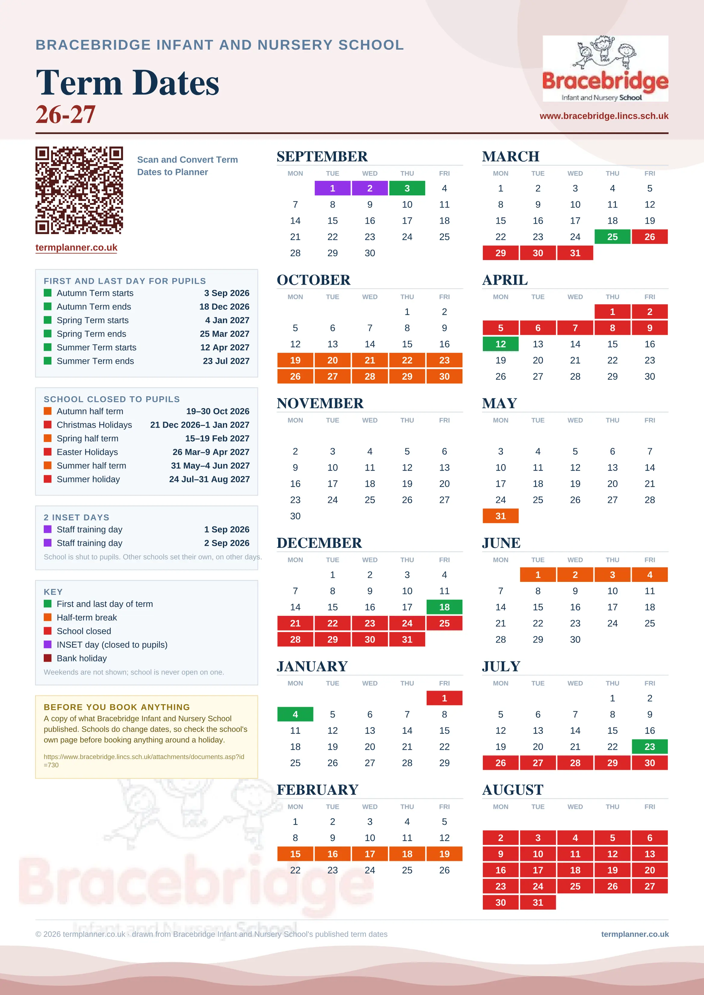 Bracebridge Infant and Nursery School’s 2026/27 school year drawn as one sheet: twelve month grids from September to August, Monday to Friday, with autumn term 3 September to 18 December 2026, spring term 4 January to 25 March 2027, summer term 12 April to 23 July 2027. Half terms, holidays and bank holidays are filled in colour, the first and last day of each term is marked, 2 INSET days are picked out, and every date is listed again in words down the left.