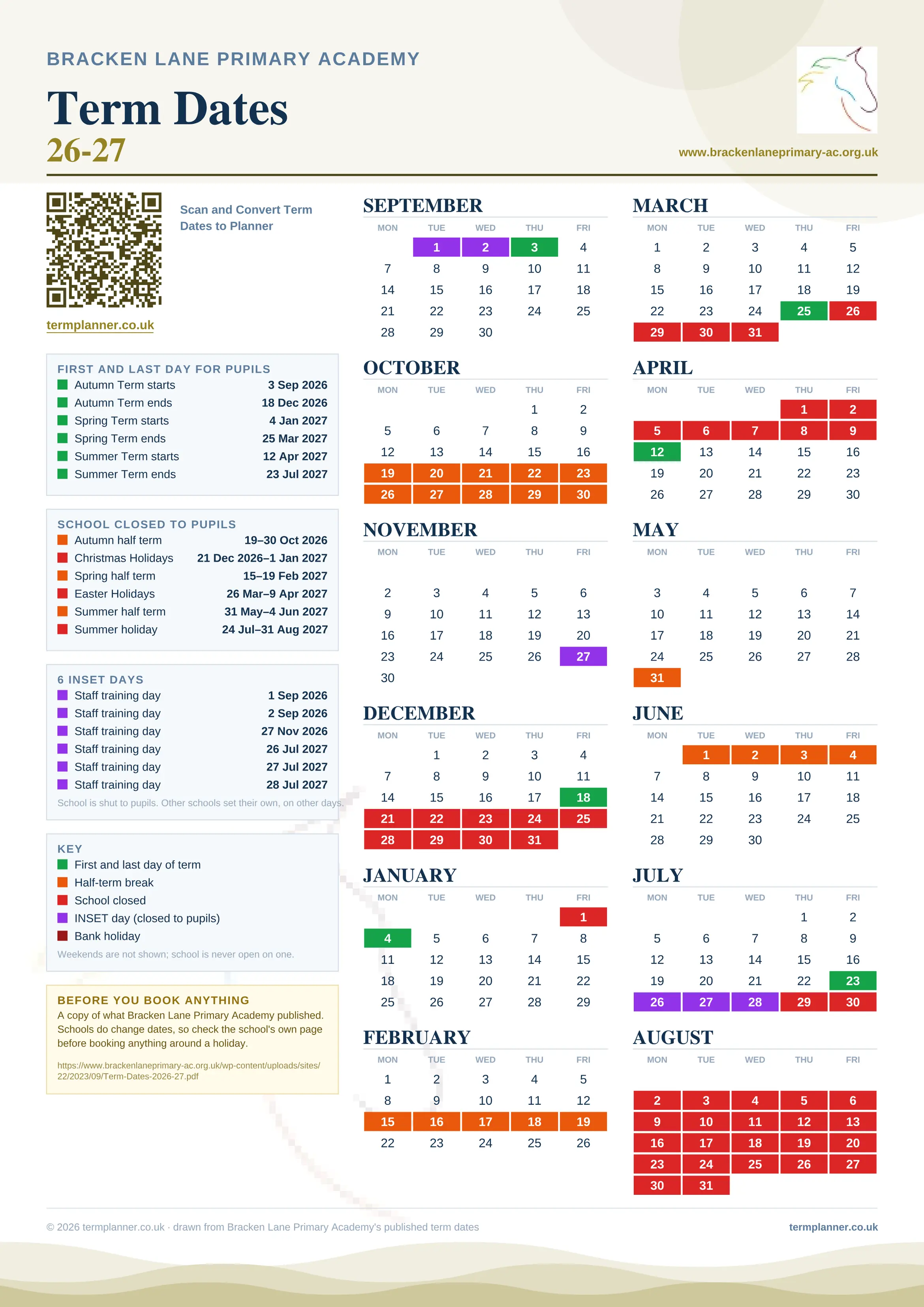 Bracken Lane Primary Academy’s 2026/27 school year drawn as one sheet: twelve month grids from September to August, Monday to Friday, with autumn term 3 September to 18 December 2026, spring term 4 January to 25 March 2027, summer term 12 April to 23 July 2027. Half terms, holidays and bank holidays are filled in colour, the first and last day of each term is marked, 6 INSET days are picked out, and every date is listed again in words down the left.
