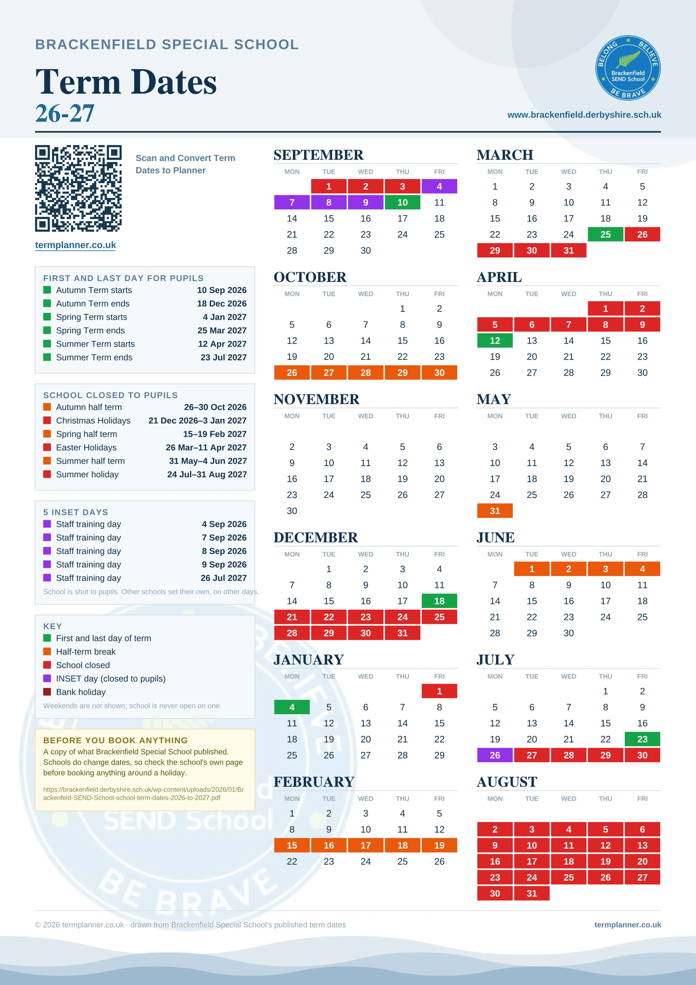 Brackenfield Special School’s 2026/27 school year drawn as one sheet: twelve month grids from September to August, Monday to Friday, with autumn term 10 September to 18 December 2026, spring term 4 January to 25 March 2027, summer term 12 April to 23 July 2027. Half terms, holidays and bank holidays are filled in colour, the first and last day of each term is marked, 5 INSET days are picked out, and every date is listed again in words down the left.