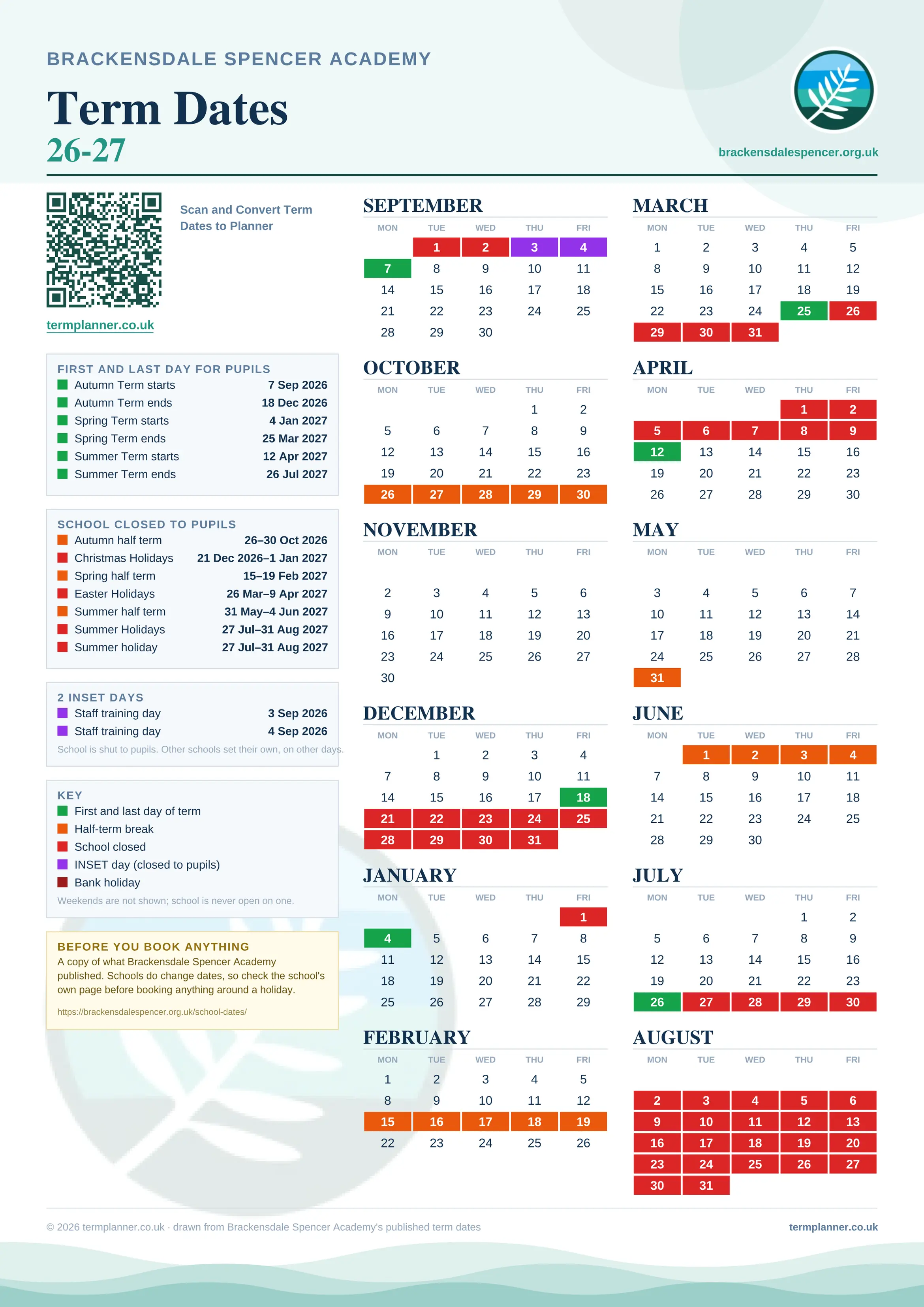 Brackensdale Spencer Academy’s 2026/27 school year drawn as one sheet: twelve month grids from September to August, Monday to Friday, with autumn term 7 September to 18 December 2026, spring term 4 January to 25 March 2027, summer term 12 April to 26 July 2027. Half terms, holidays and bank holidays are filled in colour, the first and last day of each term is marked, 2 INSET days are picked out, and every date is listed again in words down the left.