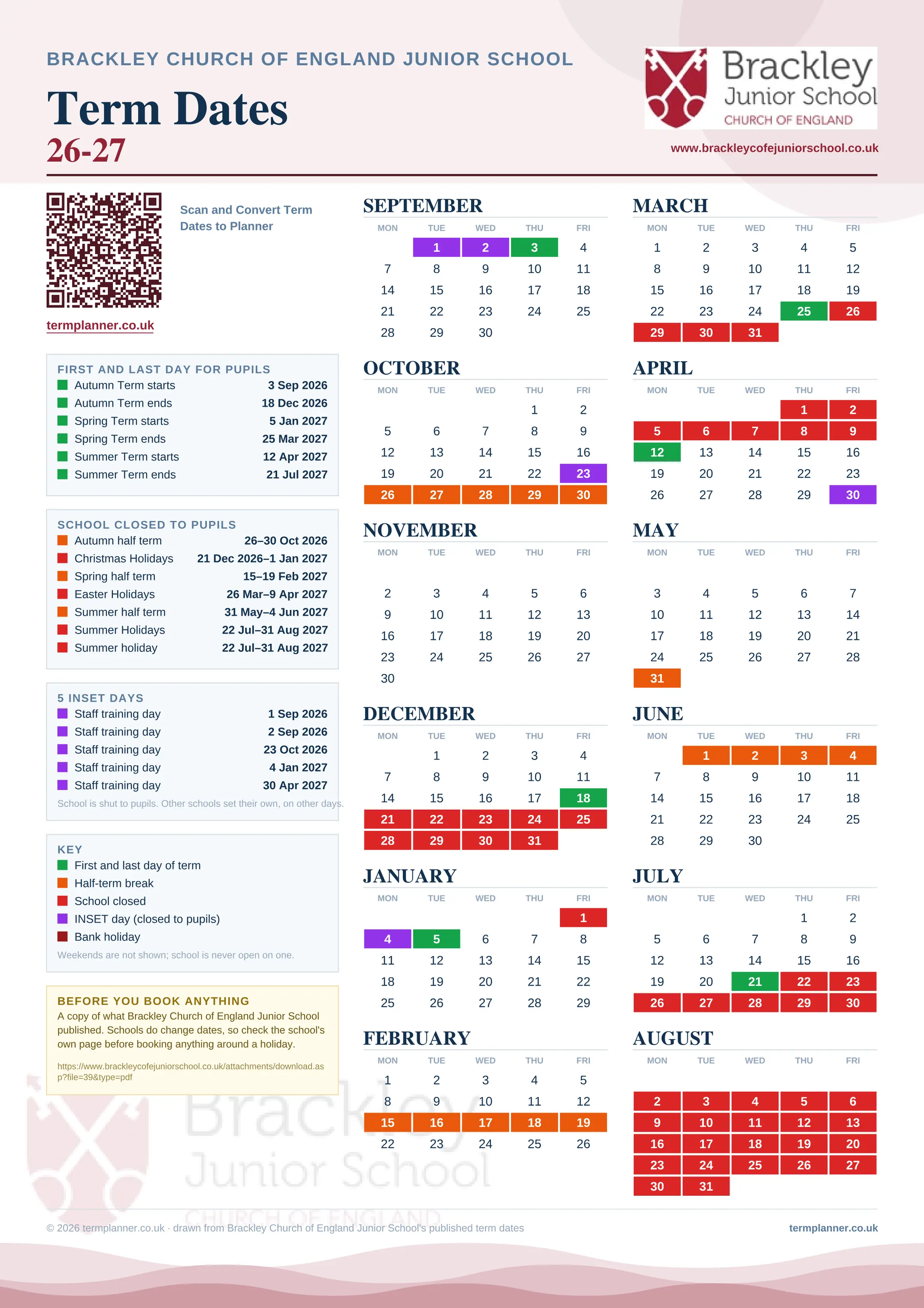 Brackley Church of England Junior School’s 2026/27 school year drawn as one sheet: twelve month grids from September to August, Monday to Friday, with autumn term 3 September to 18 December 2026, spring term 5 January to 25 March 2027, summer term 12 April to 21 July 2027. Half terms, holidays and bank holidays are filled in colour, the first and last day of each term is marked, 5 INSET days are picked out, and every date is listed again in words down the left.