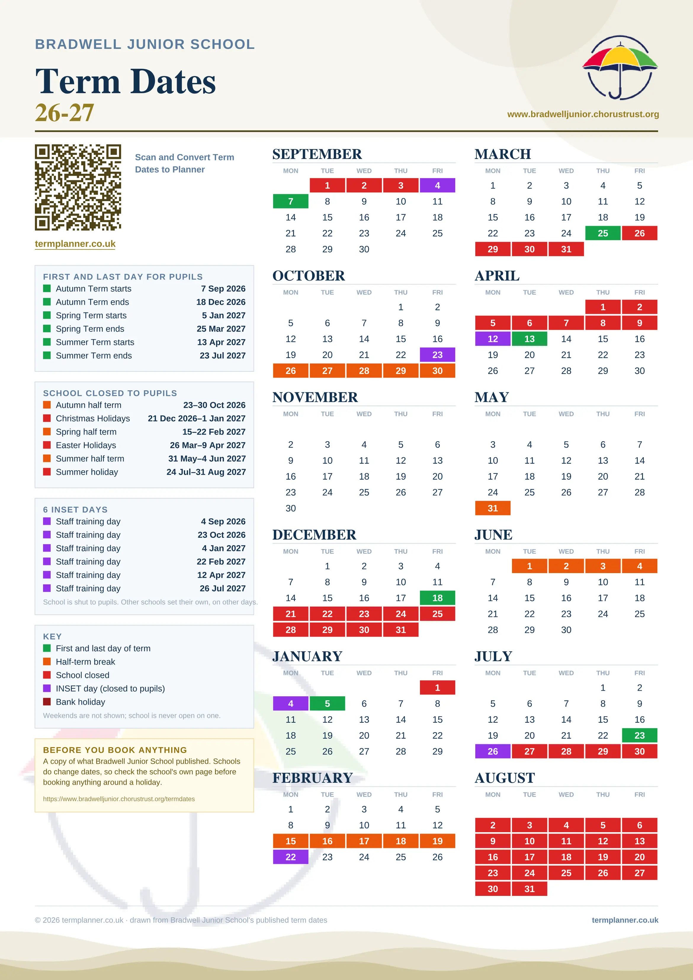 Bradwell Junior School’s 2026/27 school year drawn as one sheet: twelve month grids from September to August, Monday to Friday, with autumn term 7 September to 18 December 2026, spring term 5 January to 25 March 2027, summer term 13 April to 23 July 2027. Half terms, holidays and bank holidays are filled in colour, the first and last day of each term is marked, 6 INSET days are picked out, and every date is listed again in words down the left.