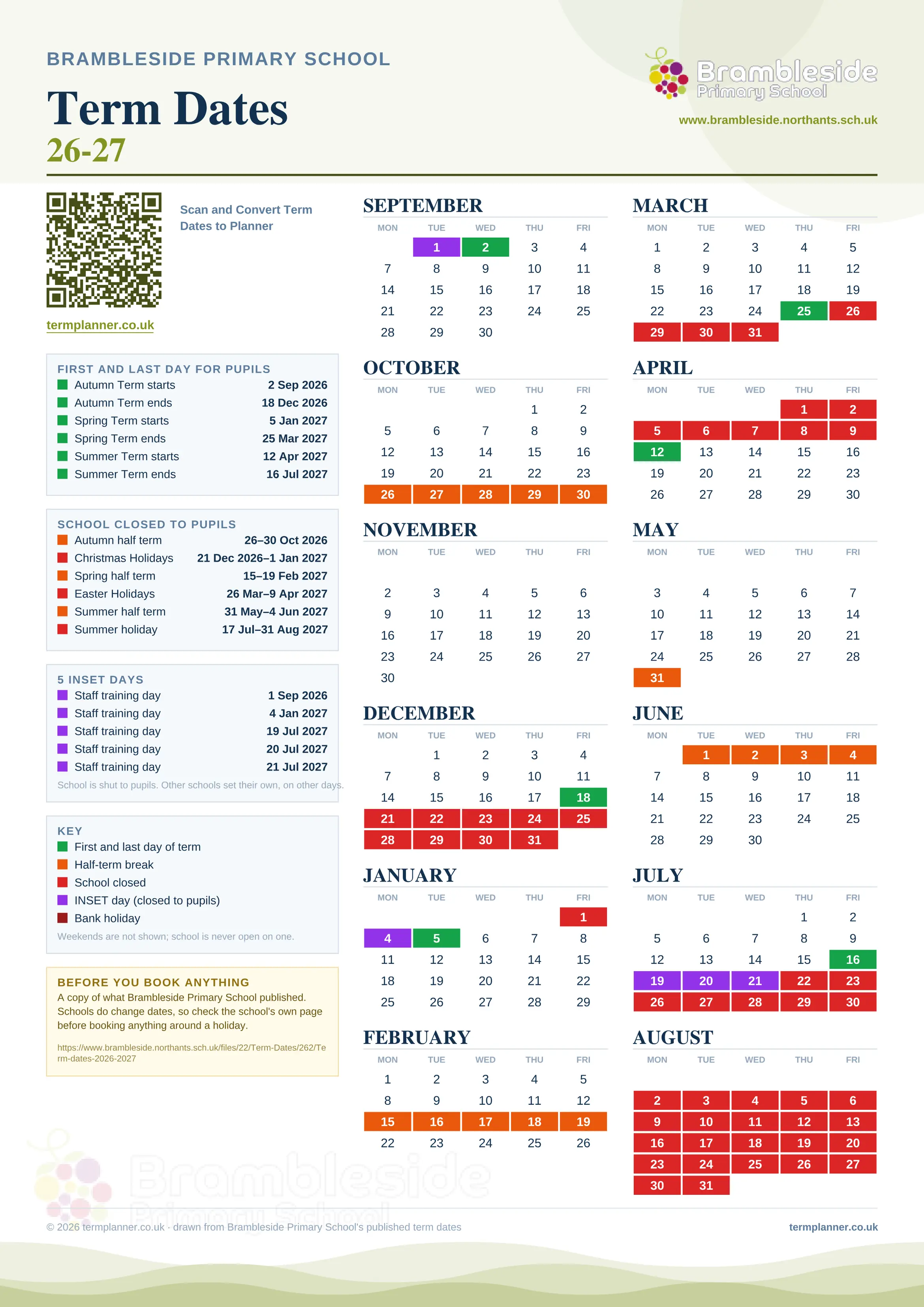 Brambleside Primary School’s 2026/27 school year drawn as one sheet: twelve month grids from September to August, Monday to Friday, with autumn term 2 September to 18 December 2026, spring term 5 January to 25 March 2027, summer term 12 April to 16 July 2027. Half terms, holidays and bank holidays are filled in colour, the first and last day of each term is marked, 5 INSET days are picked out, and every date is listed again in words down the left.