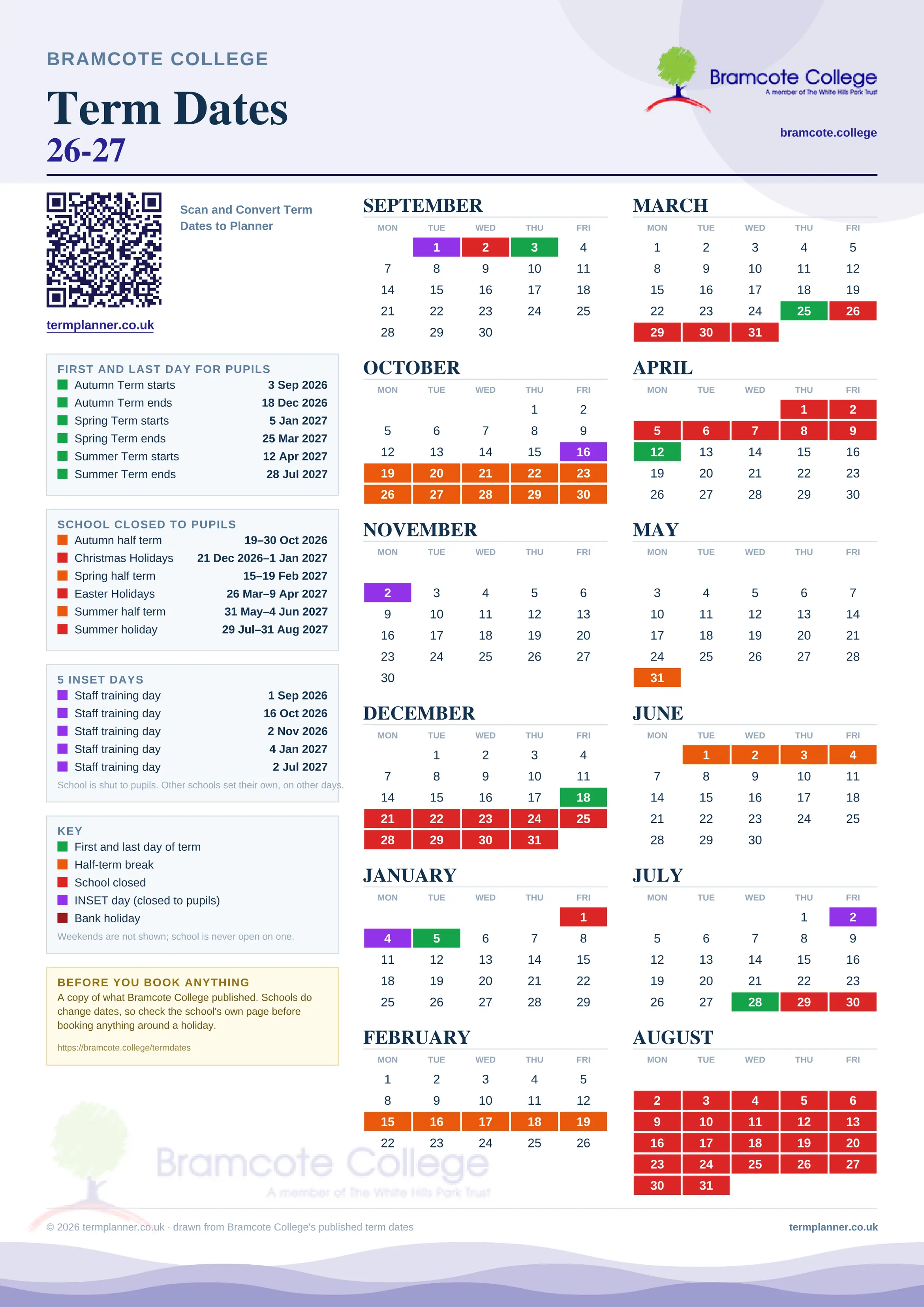 Bramcote College’s 2026/27 school year drawn as one sheet: twelve month grids from September to August, Monday to Friday, with autumn term 3 September to 18 December 2026, spring term 5 January to 25 March 2027, summer term 12 April to 28 July 2027. Half terms, holidays and bank holidays are filled in colour, the first and last day of each term is marked, 5 INSET days are picked out, and every date is listed again in words down the left.