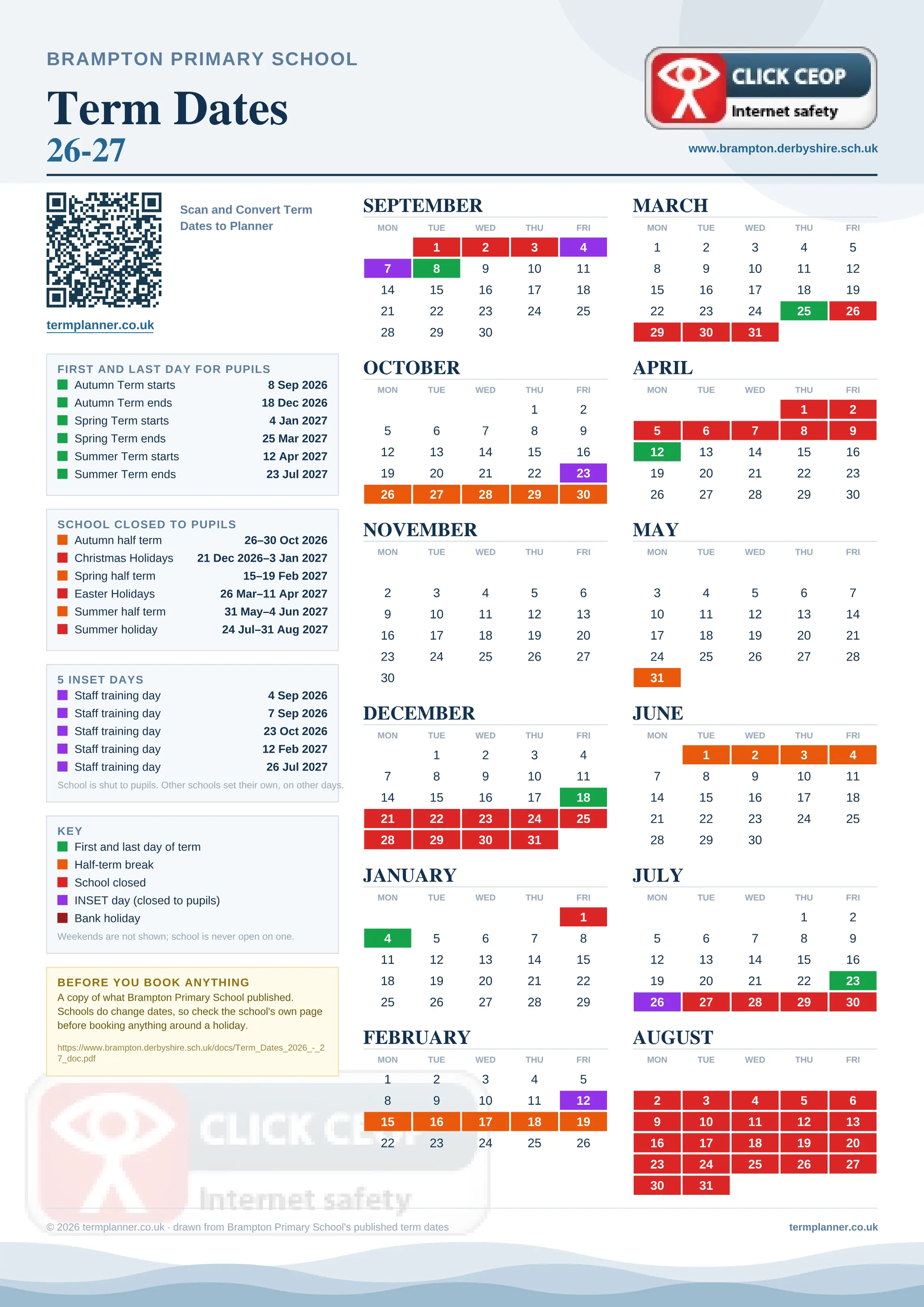 Brampton Primary School’s 2026/27 school year drawn as one sheet: twelve month grids from September to August, Monday to Friday, with autumn term 8 September to 18 December 2026, spring term 4 January to 25 March 2027, summer term 12 April to 23 July 2027. Half terms, holidays and bank holidays are filled in colour, the first and last day of each term is marked, 5 INSET days are picked out, and every date is listed again in words down the left.
