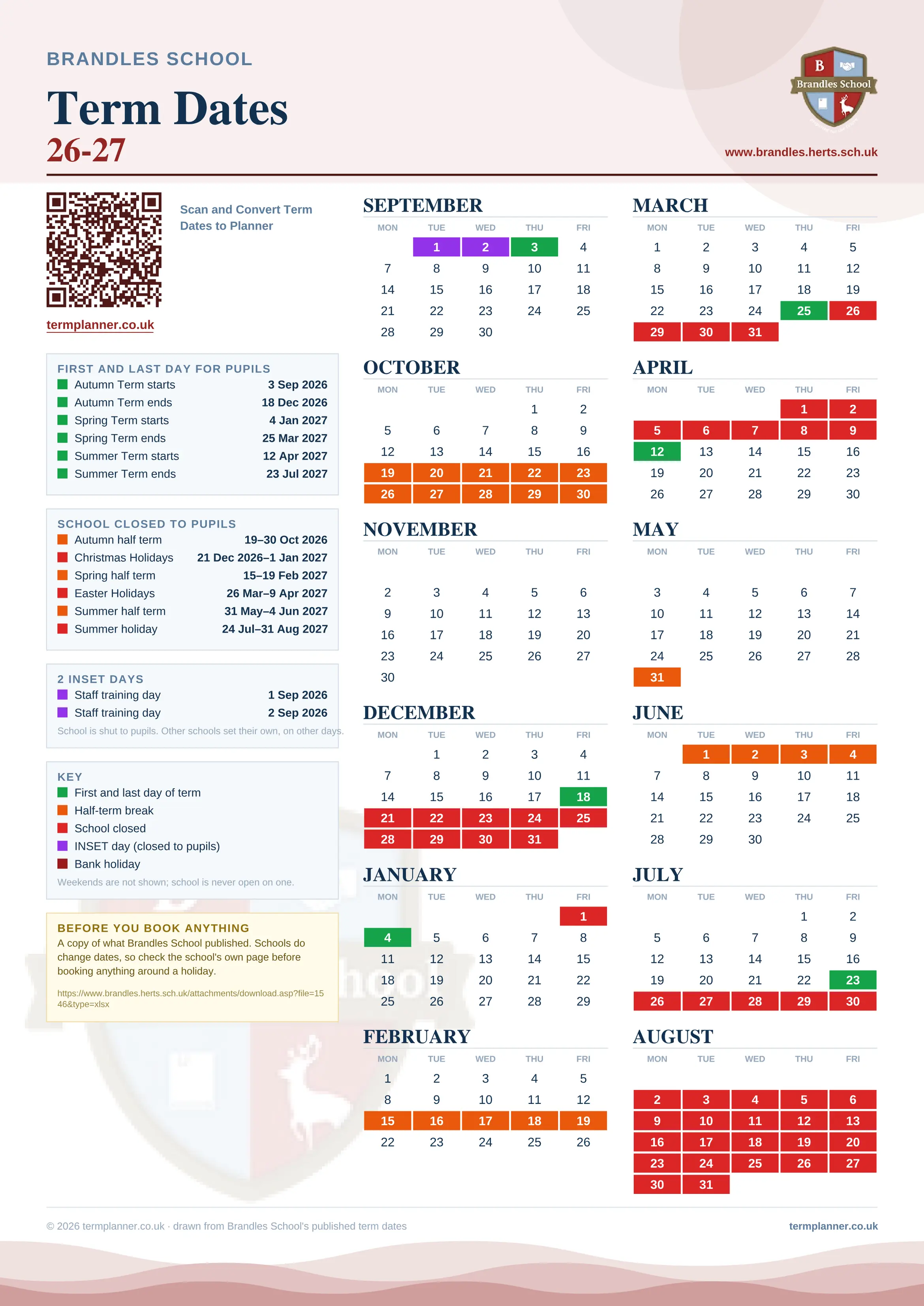 Brandles School’s 2026/27 school year drawn as one sheet: twelve month grids from September to August, Monday to Friday, with autumn term 3 September to 18 December 2026, spring term 4 January to 25 March 2027, summer term 12 April to 23 July 2027. Half terms, holidays and bank holidays are filled in colour, the first and last day of each term is marked, 2 INSET days are picked out, and every date is listed again in words down the left.