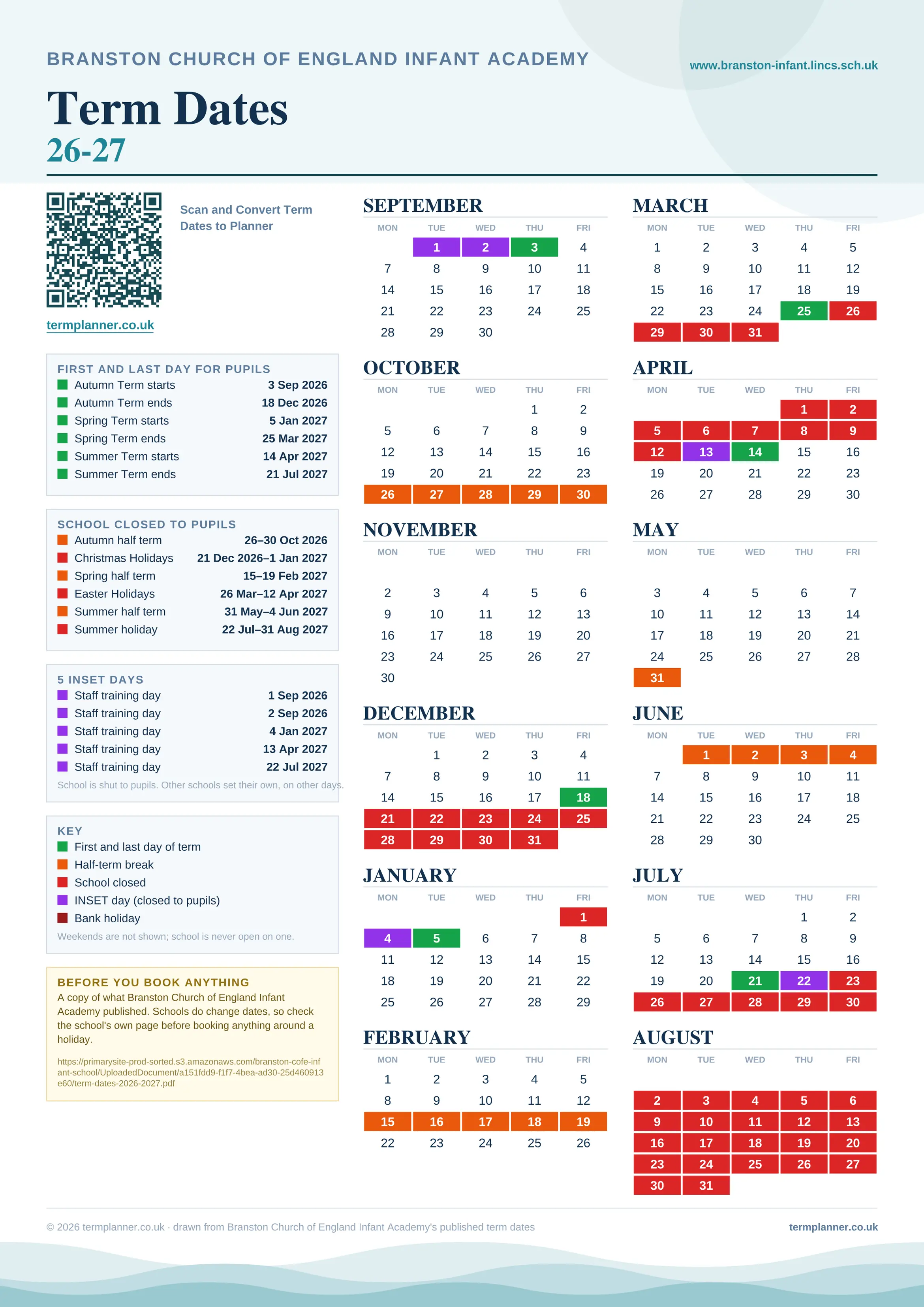Branston Church of England Infant Academy’s 2026/27 school year drawn as one sheet: twelve month grids from September to August, Monday to Friday, with autumn term 3 September to 18 December 2026, spring term 5 January to 25 March 2027, summer term 14 April to 21 July 2027. Half terms, holidays and bank holidays are filled in colour, the first and last day of each term is marked, 5 INSET days are picked out, and every date is listed again in words down the left.