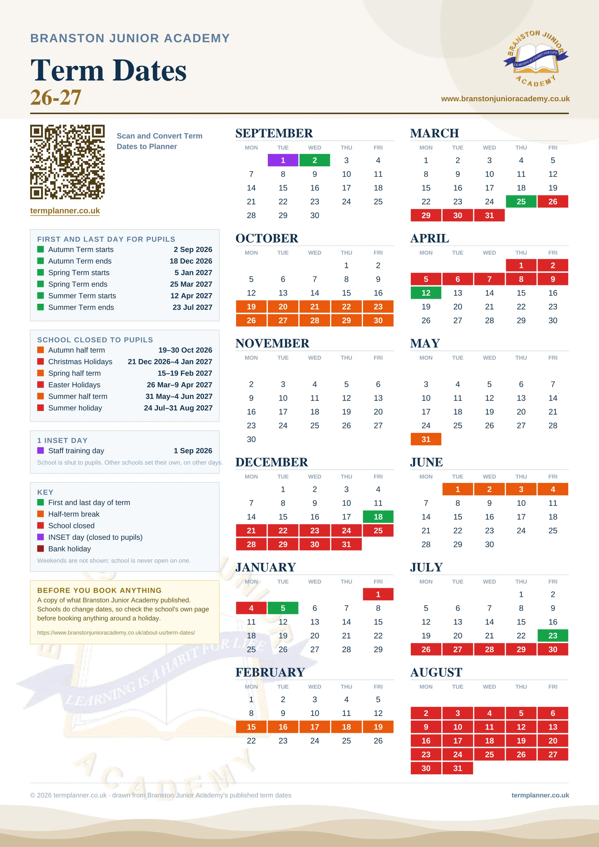 Branston Junior Academy’s 2026/27 school year drawn as one sheet: twelve month grids from September to August, Monday to Friday, with autumn term 2 September to 18 December 2026, spring term 5 January to 25 March 2027, summer term 12 April to 23 July 2027. Half terms, holidays and bank holidays are filled in colour, the first and last day of each term is marked, 1 INSET day is picked out, and every date is listed again in words down the left.