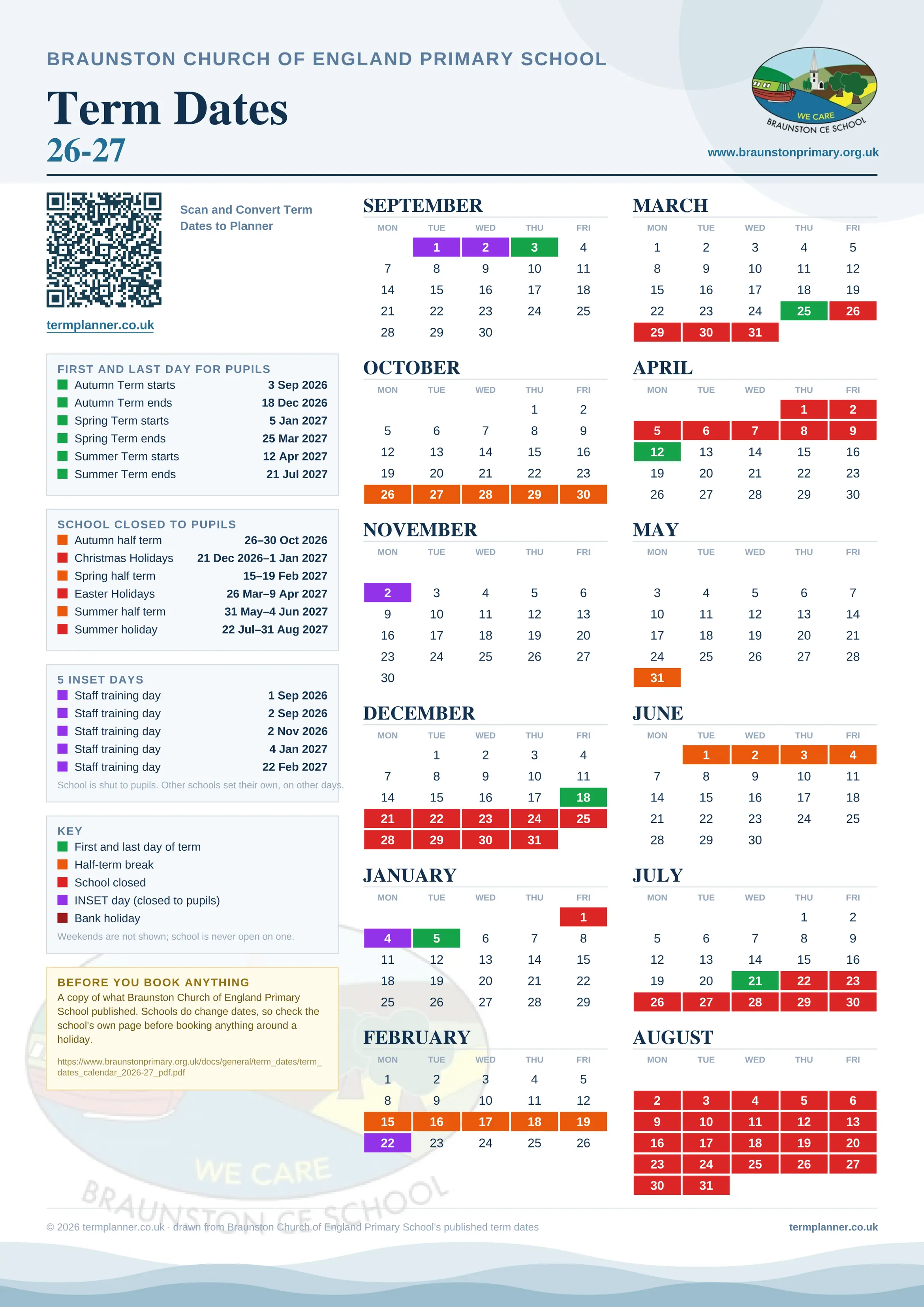 Braunston Church of England Primary School’s 2026/27 school year drawn as one sheet: twelve month grids from September to August, Monday to Friday, with autumn term 3 September to 18 December 2026, spring term 5 January to 25 March 2027, summer term 12 April to 21 July 2027. Half terms, holidays and bank holidays are filled in colour, the first and last day of each term is marked, 5 INSET days are picked out, and every date is listed again in words down the left.
