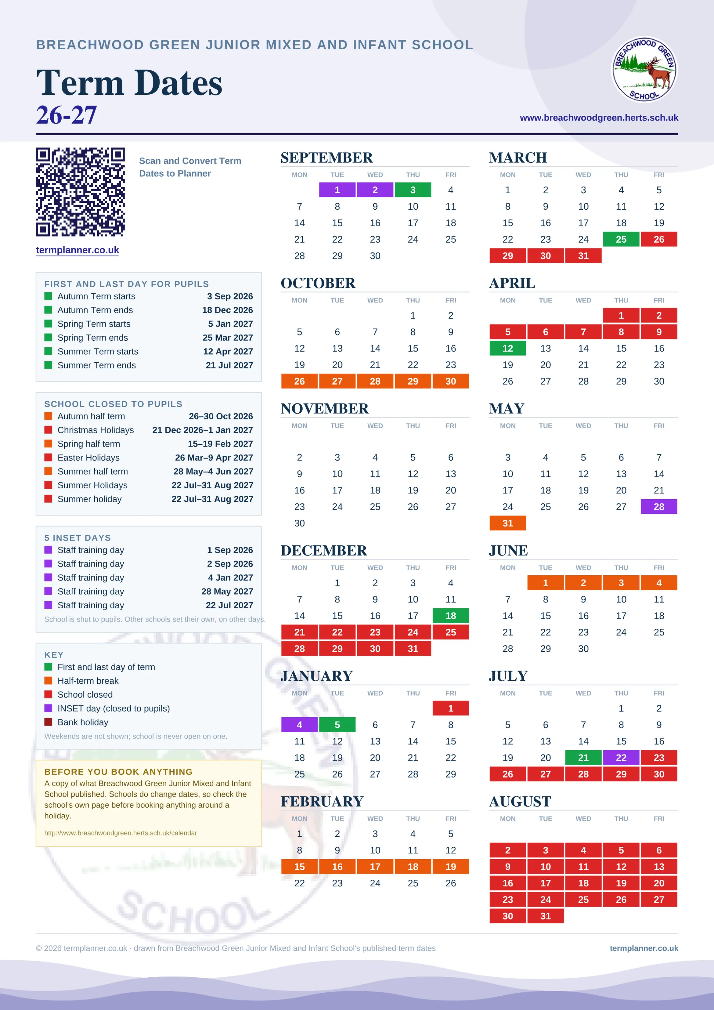 Breachwood Green Junior Mixed and Infant School’s 2026/27 school year drawn as one sheet: twelve month grids from September to August, Monday to Friday, with autumn term 3 September to 18 December 2026, spring term 5 January to 25 March 2027, summer term 12 April to 21 July 2027. Half terms, holidays and bank holidays are filled in colour, the first and last day of each term is marked, 5 INSET days are picked out, and every date is listed again in words down the left.