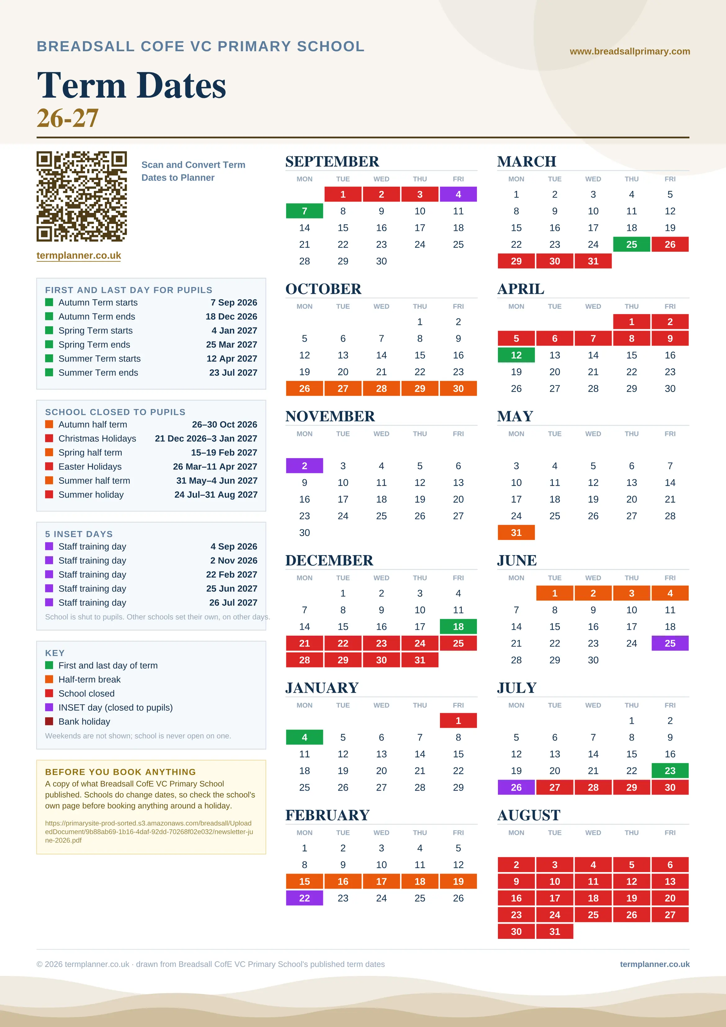 Breadsall CofE VC Primary School’s 2026/27 school year drawn as one sheet: twelve month grids from September to August, Monday to Friday, with autumn term 7 September to 18 December 2026, spring term 4 January to 25 March 2027, summer term 12 April to 23 July 2027. Half terms, holidays and bank holidays are filled in colour, the first and last day of each term is marked, 5 INSET days are picked out, and every date is listed again in words down the left.