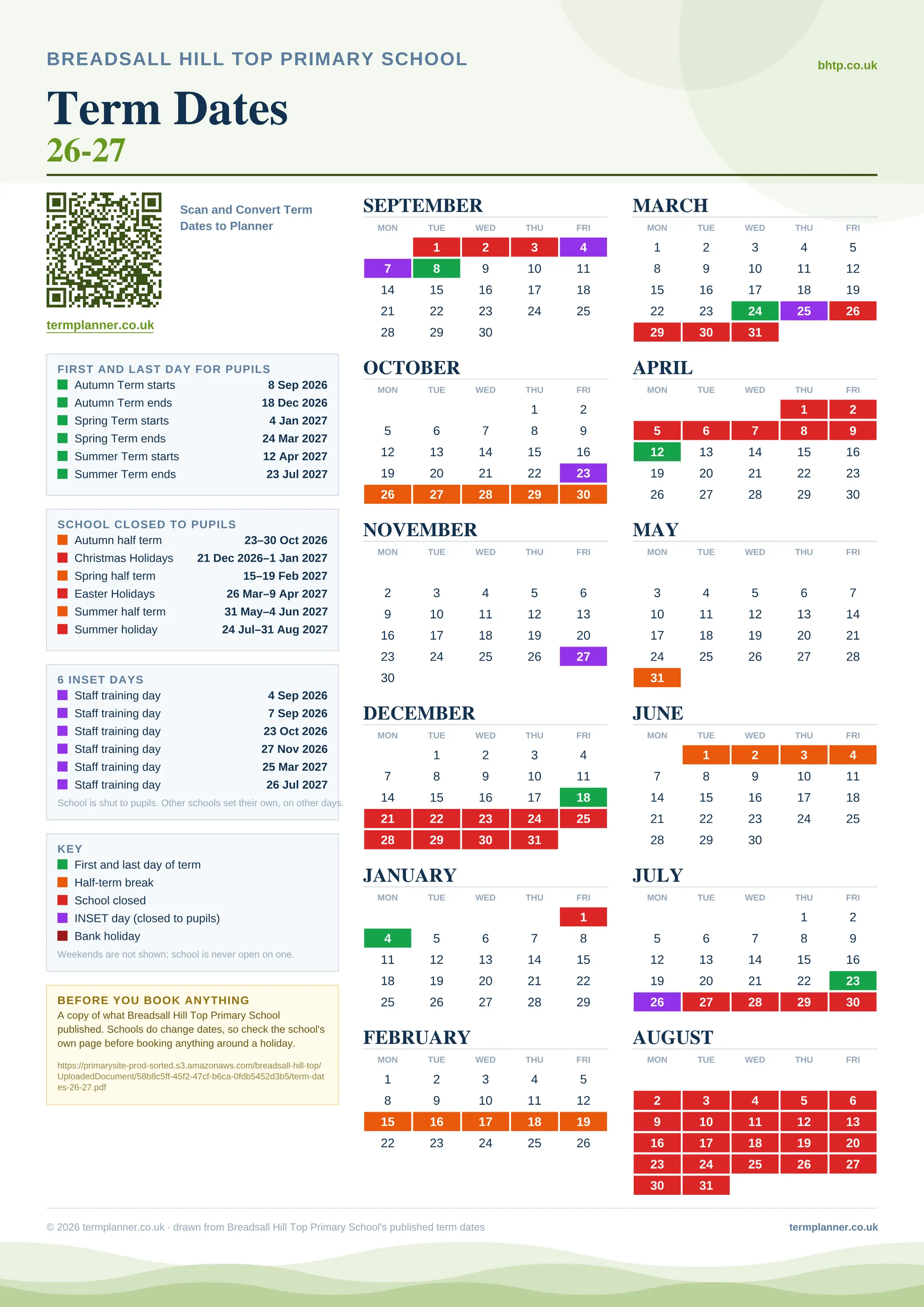 Breadsall Hill Top Primary School’s 2026/27 school year drawn as one sheet: twelve month grids from September to August, Monday to Friday, with autumn term 8 September to 18 December 2026, spring term 4 January to 24 March 2027, summer term 12 April to 23 July 2027. Half terms, holidays and bank holidays are filled in colour, the first and last day of each term is marked, 6 INSET days are picked out, and every date is listed again in words down the left.