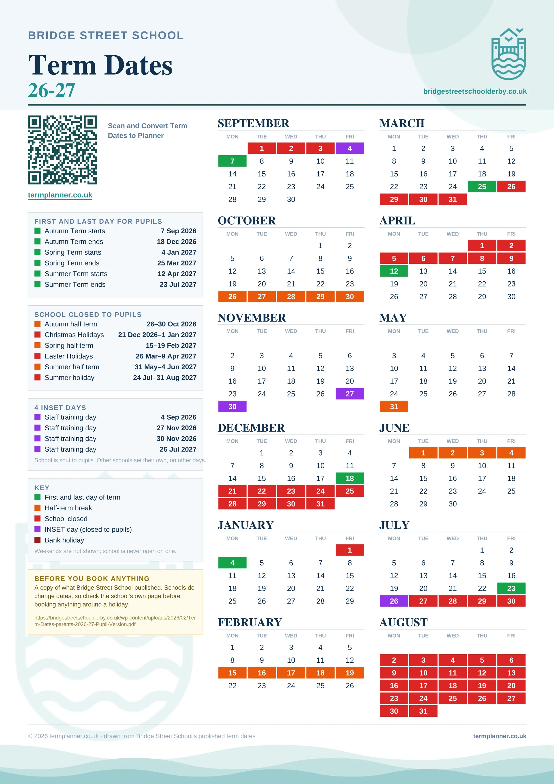 Bridge Street School’s 2026/27 school year drawn as one sheet: twelve month grids from September to August, Monday to Friday, with autumn term 7 September to 18 December 2026, spring term 4 January to 25 March 2027, summer term 12 April to 23 July 2027. Half terms, holidays and bank holidays are filled in colour, the first and last day of each term is marked, 4 INSET days are picked out, and every date is listed again in words down the left.