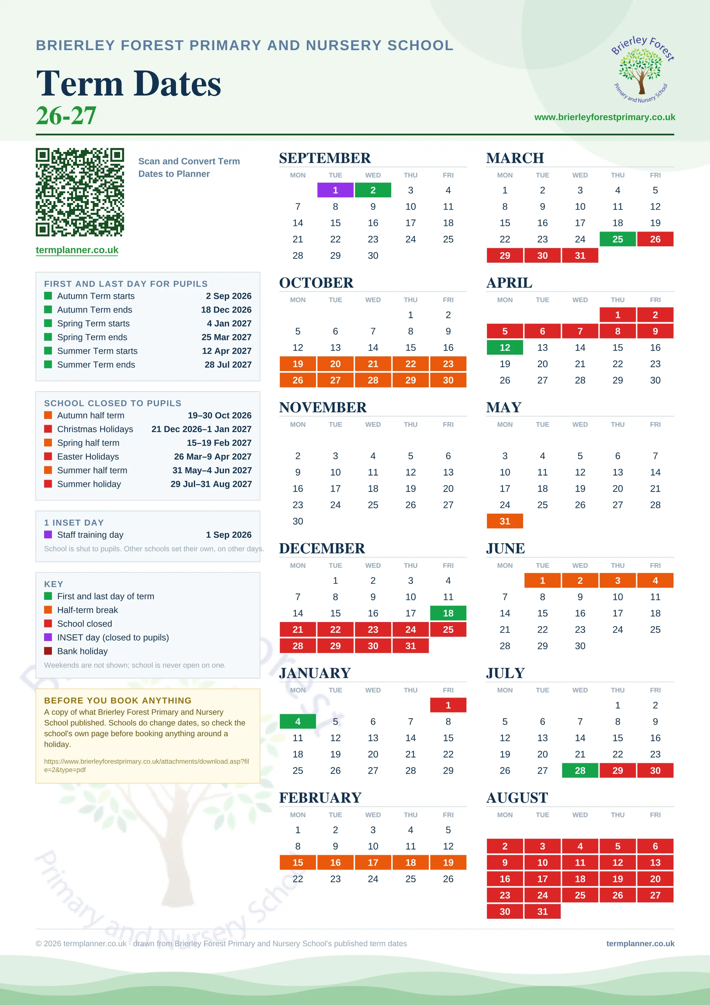Brierley Forest Primary and Nursery School’s 2026/27 school year drawn as one sheet: twelve month grids from September to August, Monday to Friday, with autumn term 2 September to 18 December 2026, spring term 4 January to 25 March 2027, summer term 12 April to 28 July 2027. Half terms, holidays and bank holidays are filled in colour, the first and last day of each term is marked, 1 INSET day is picked out, and every date is listed again in words down the left.