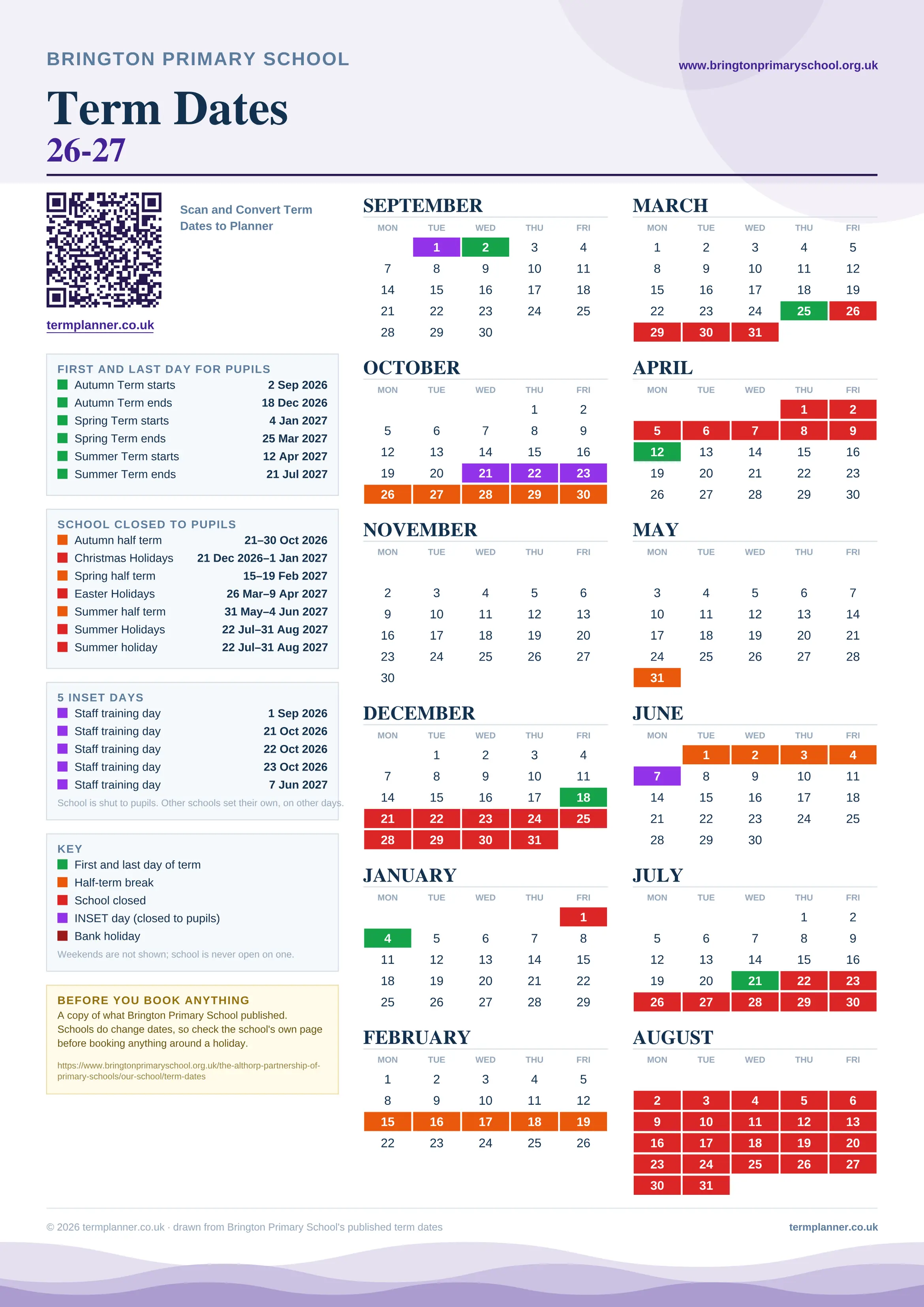 Brington Primary School’s 2026/27 school year drawn as one sheet: twelve month grids from September to August, Monday to Friday, with autumn term 2 September to 18 December 2026, spring term 4 January to 25 March 2027, summer term 12 April to 21 July 2027. Half terms, holidays and bank holidays are filled in colour, the first and last day of each term is marked, 5 INSET days are picked out, and every date is listed again in words down the left.