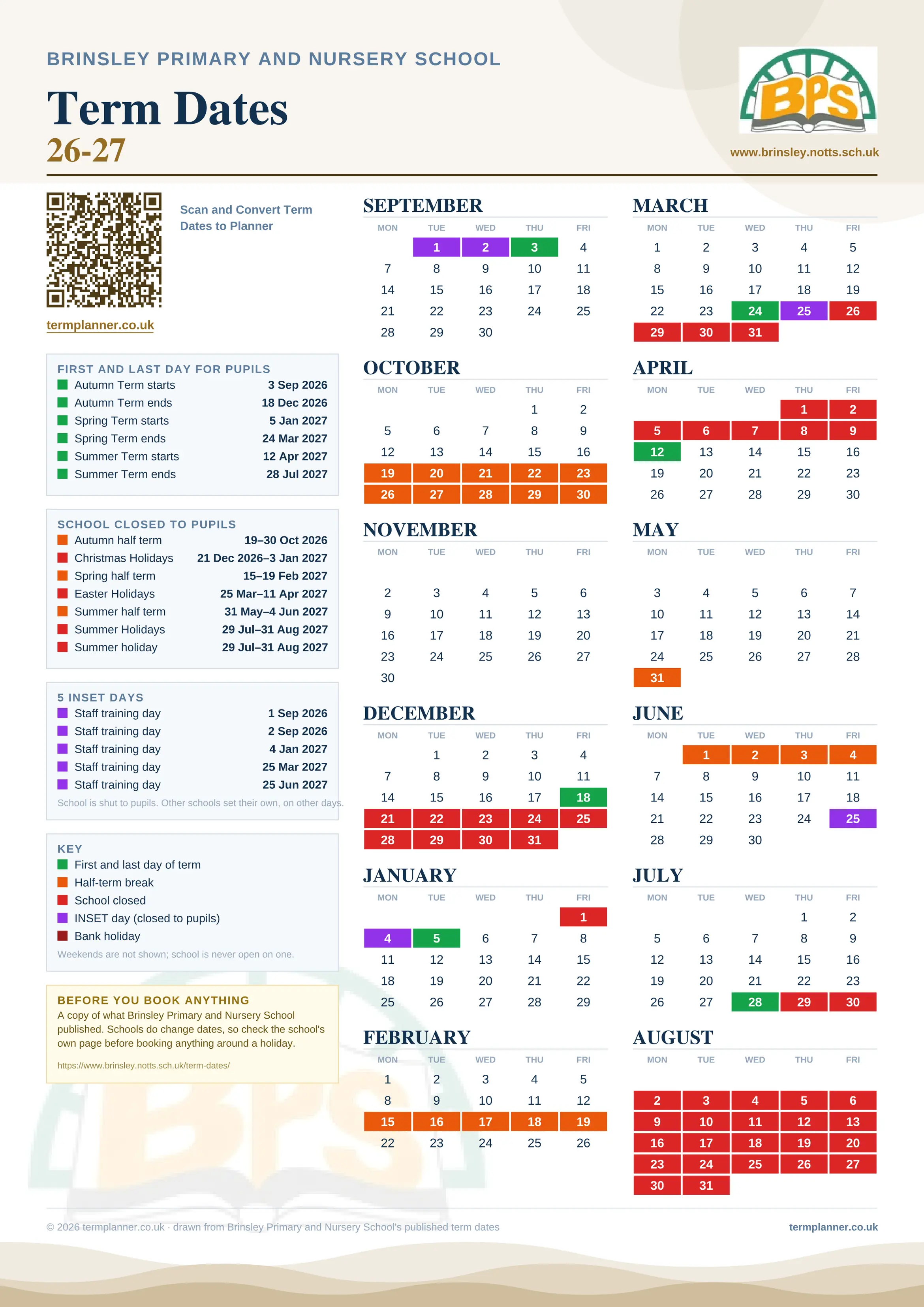 Brinsley Primary and Nursery School’s 2026/27 school year drawn as one sheet: twelve month grids from September to August, Monday to Friday, with autumn term 3 September to 18 December 2026, spring term 5 January to 24 March 2027, summer term 12 April to 28 July 2027. Half terms, holidays and bank holidays are filled in colour, the first and last day of each term is marked, 5 INSET days are picked out, and every date is listed again in words down the left.