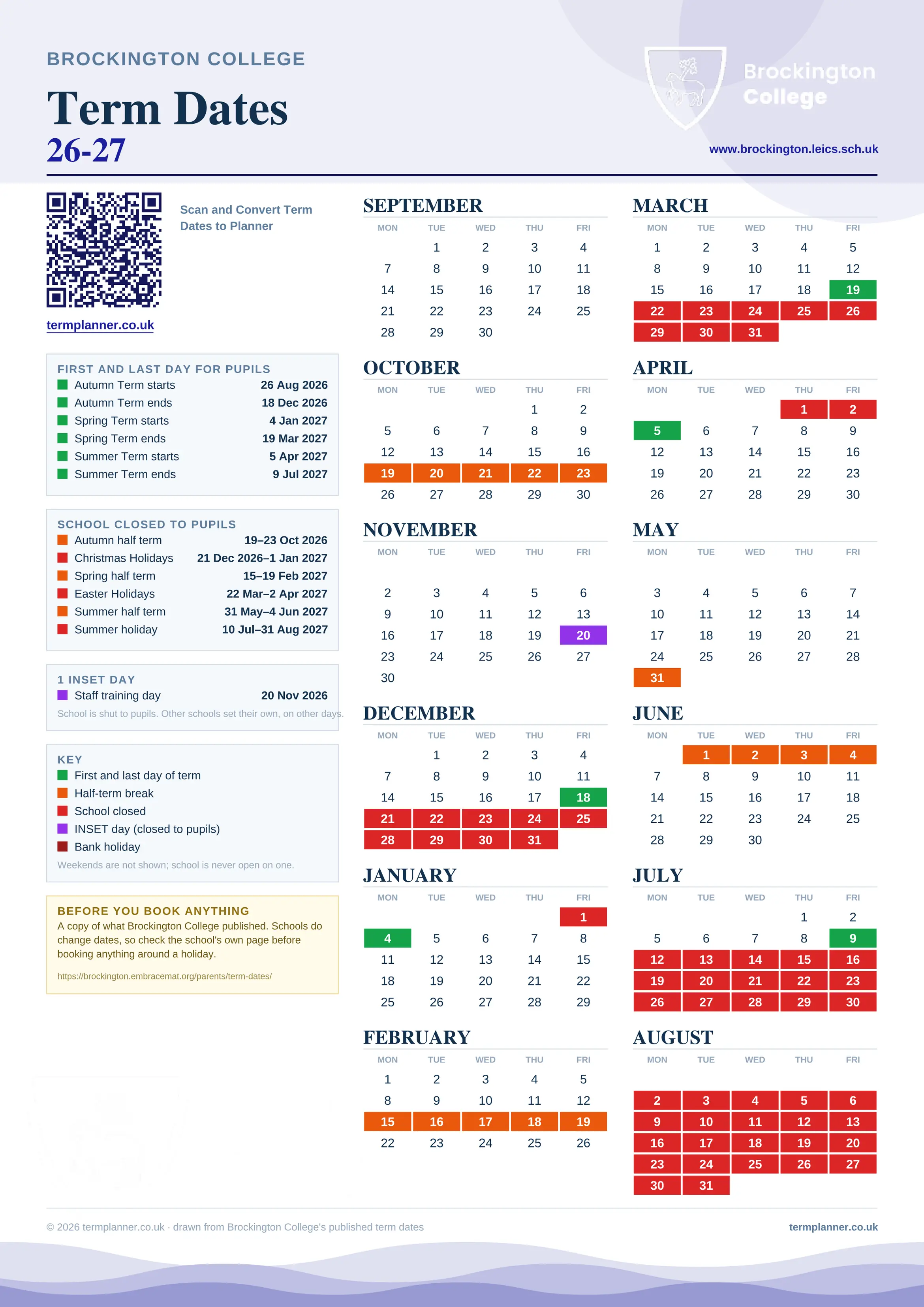 Brockington College’s 2026/27 school year drawn as one sheet: twelve month grids from September to August, Monday to Friday, with autumn term 26 August to 18 December 2026, spring term 4 January to 19 March 2027, summer term 5 April to 9 July 2027. Half terms, holidays and bank holidays are filled in colour, the first and last day of each term is marked, 1 INSET day is picked out, and every date is listed again in words down the left.