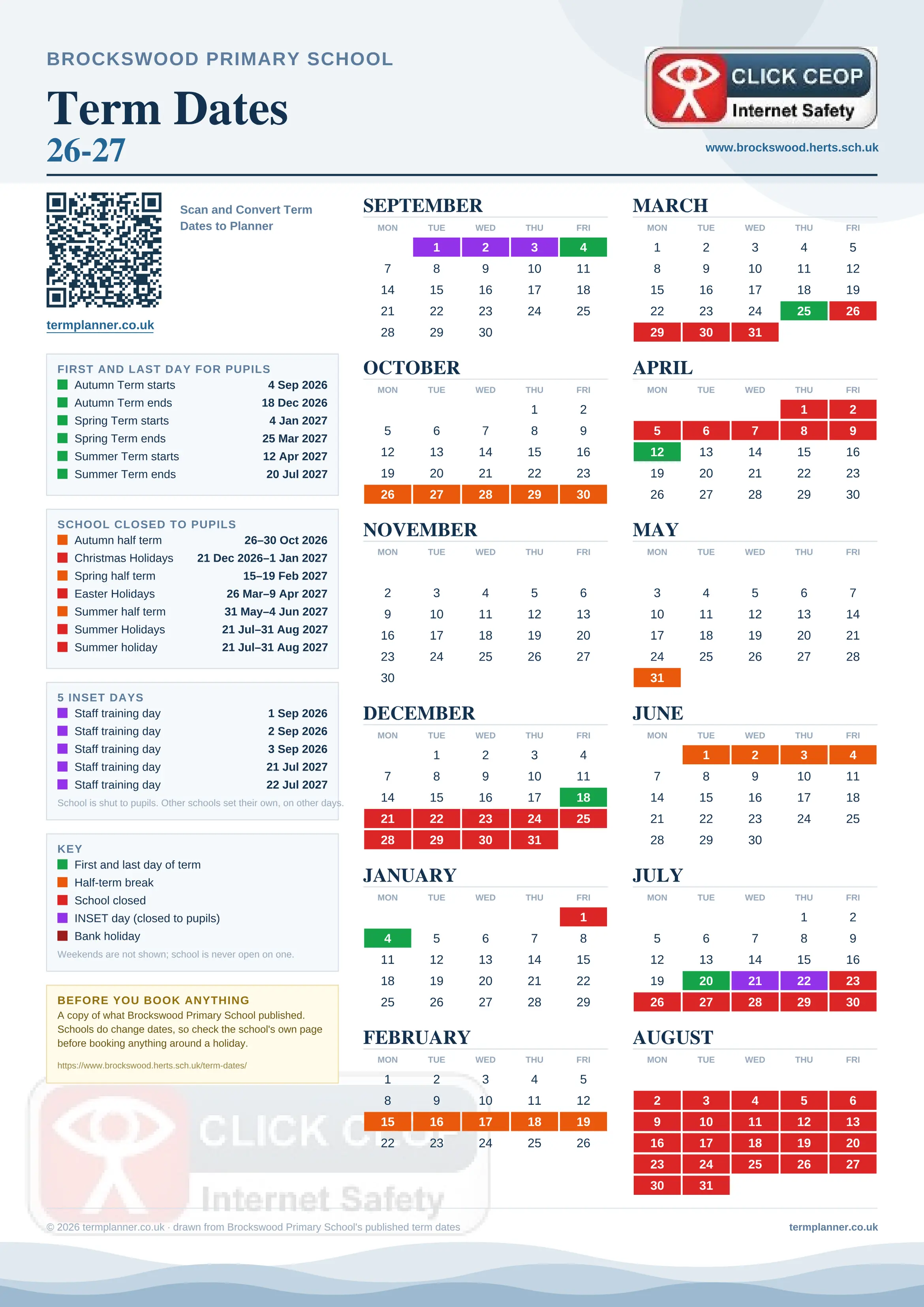 Brockswood Primary School’s 2026/27 school year drawn as one sheet: twelve month grids from September to August, Monday to Friday, with autumn term 4 September to 18 December 2026, spring term 4 January to 25 March 2027, summer term 12 April to 20 July 2027. Half terms, holidays and bank holidays are filled in colour, the first and last day of each term is marked, 5 INSET days are picked out, and every date is listed again in words down the left.