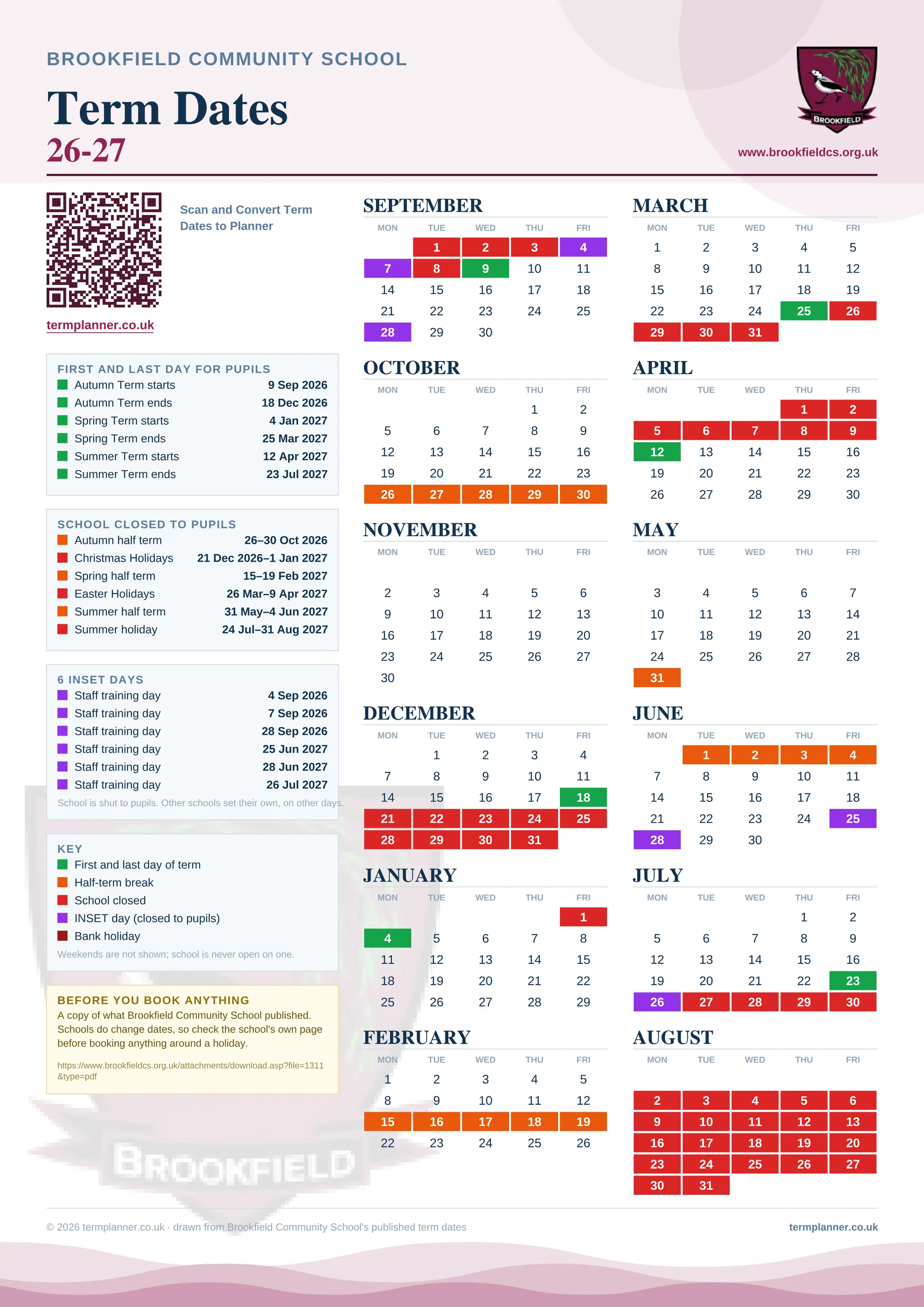 Brookfield Community School’s 2026/27 school year drawn as one sheet: twelve month grids from September to August, Monday to Friday, with autumn term 9 September to 18 December 2026, spring term 4 January to 25 March 2027, summer term 12 April to 23 July 2027. Half terms, holidays and bank holidays are filled in colour, the first and last day of each term is marked, 6 INSET days are picked out, and every date is listed again in words down the left.