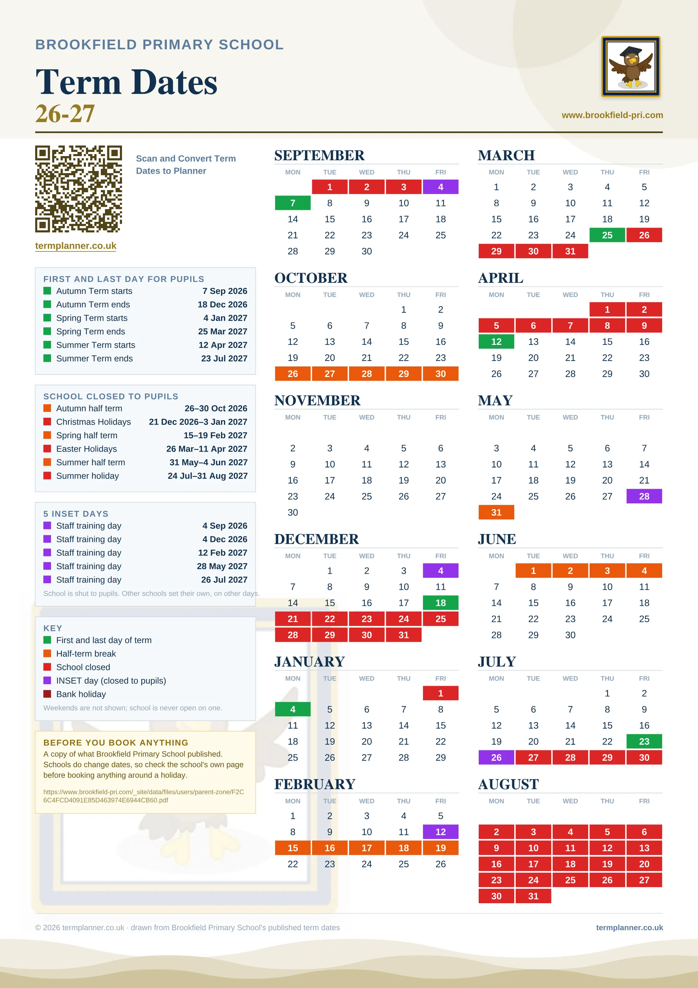 Brookfield Primary School’s 2026/27 school year drawn as one sheet: twelve month grids from September to August, Monday to Friday, with autumn term 7 September to 18 December 2026, spring term 4 January to 25 March 2027, summer term 12 April to 23 July 2027. Half terms, holidays and bank holidays are filled in colour, the first and last day of each term is marked, 5 INSET days are picked out, and every date is listed again in words down the left.