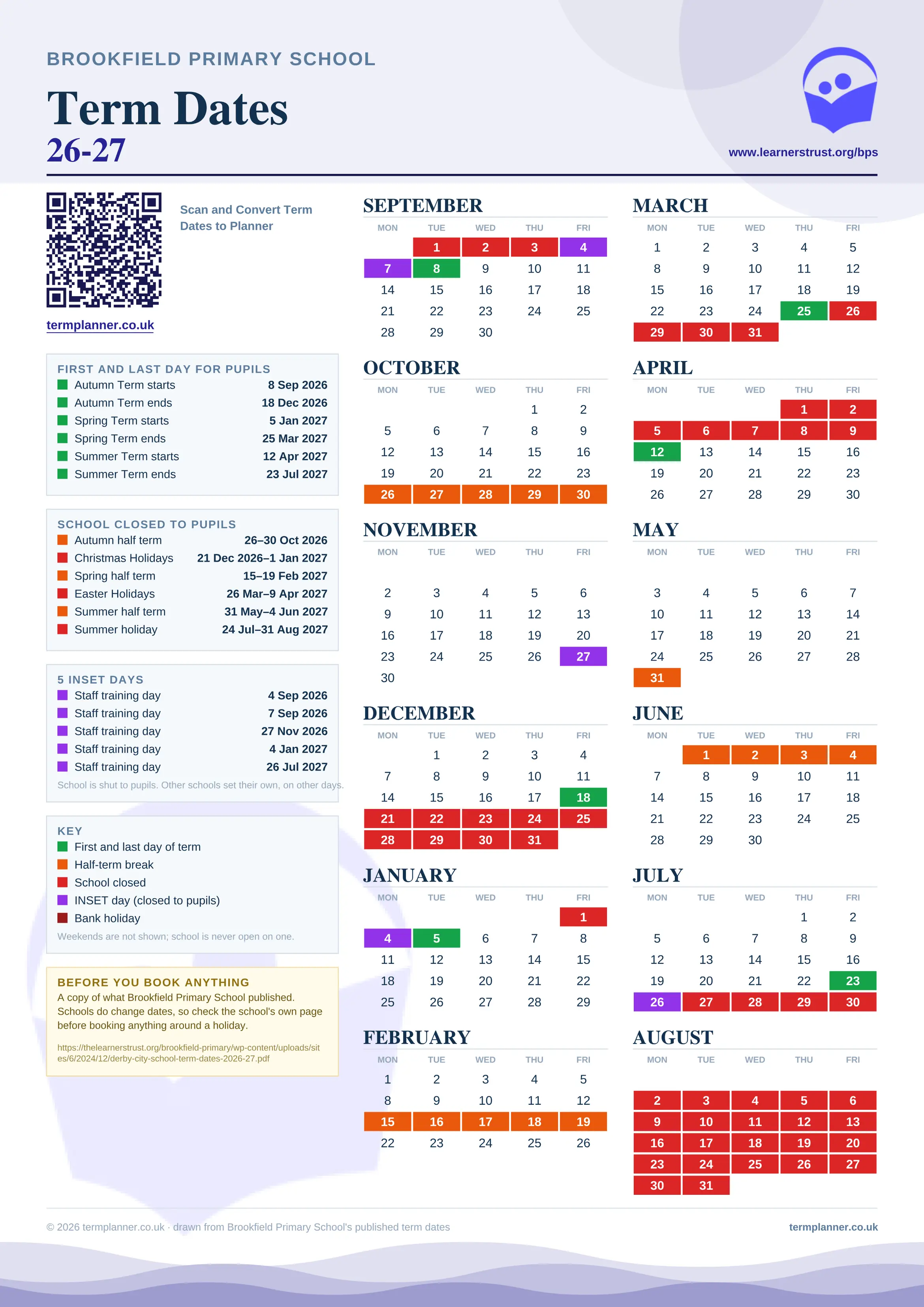 Brookfield Primary School’s 2026/27 school year drawn as one sheet: twelve month grids from September to August, Monday to Friday, with autumn term 8 September to 18 December 2026, spring term 5 January to 25 March 2027, summer term 12 April to 23 July 2027. Half terms, holidays and bank holidays are filled in colour, the first and last day of each term is marked, 5 INSET days are picked out, and every date is listed again in words down the left.
