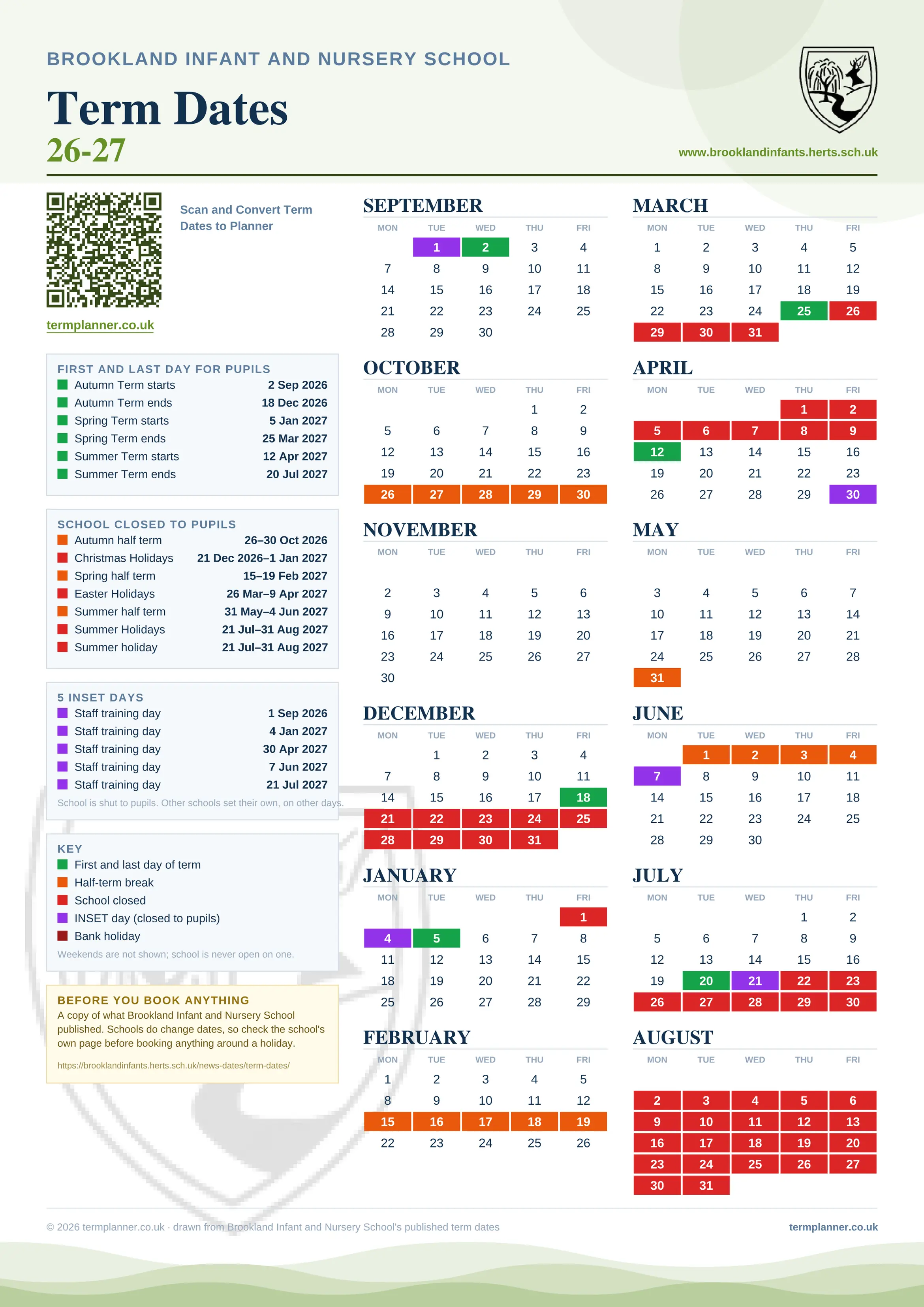Brookland Infant and Nursery School’s 2026/27 school year drawn as one sheet: twelve month grids from September to August, Monday to Friday, with autumn term 2 September to 18 December 2026, spring term 5 January to 25 March 2027, summer term 12 April to 20 July 2027. Half terms, holidays and bank holidays are filled in colour, the first and last day of each term is marked, 5 INSET days are picked out, and every date is listed again in words down the left.