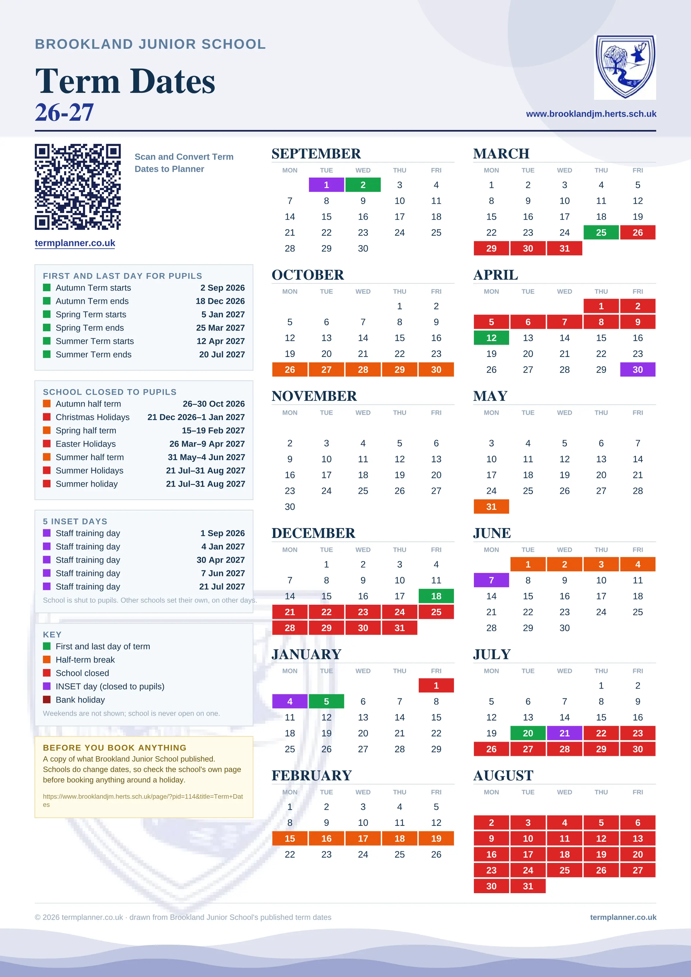 Brookland Junior School’s 2026/27 school year drawn as one sheet: twelve month grids from September to August, Monday to Friday, with autumn term 2 September to 18 December 2026, spring term 5 January to 25 March 2027, summer term 12 April to 20 July 2027. Half terms, holidays and bank holidays are filled in colour, the first and last day of each term is marked, 5 INSET days are picked out, and every date is listed again in words down the left.