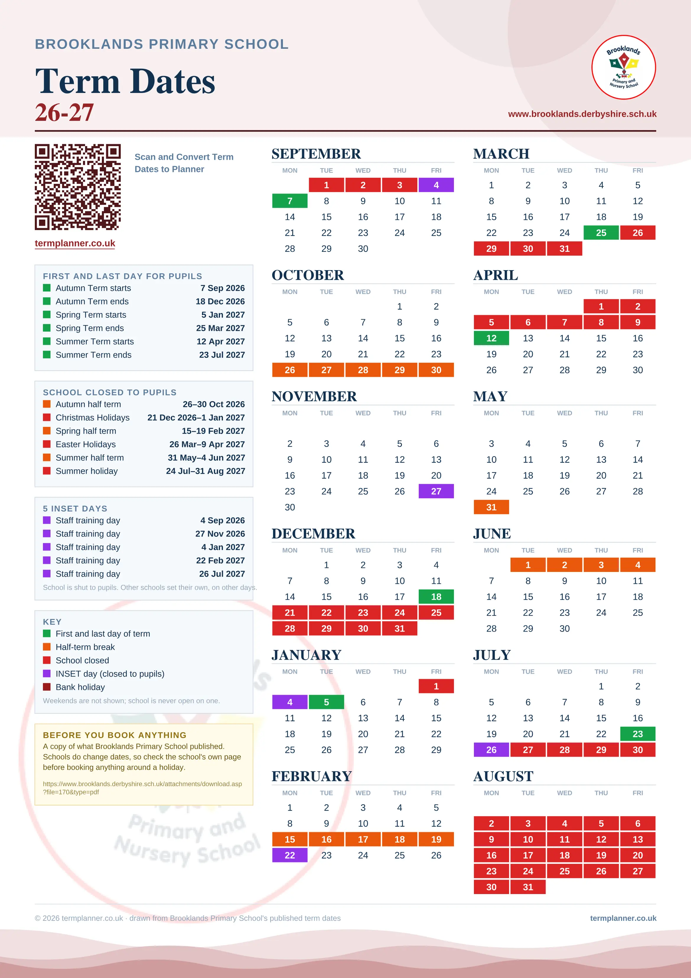 Brooklands Primary School’s 2026/27 school year drawn as one sheet: twelve month grids from September to August, Monday to Friday, with autumn term 7 September to 18 December 2026, spring term 5 January to 25 March 2027, summer term 12 April to 23 July 2027. Half terms, holidays and bank holidays are filled in colour, the first and last day of each term is marked, 5 INSET days are picked out, and every date is listed again in words down the left.