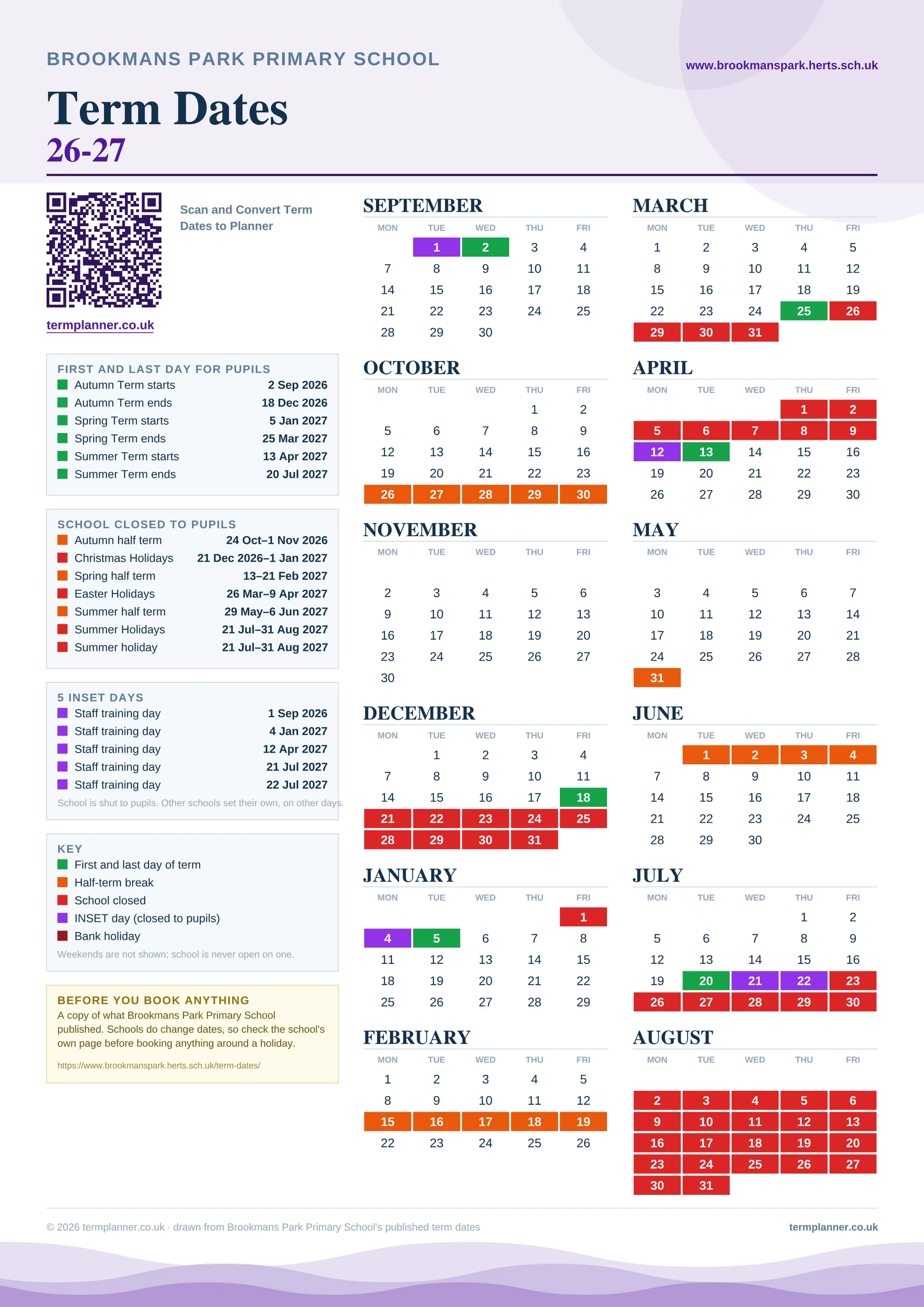 Brookmans Park Primary School’s 2026/27 school year drawn as one sheet: twelve month grids from September to August, Monday to Friday, with autumn term 2 September to 18 December 2026, spring term 5 January to 25 March 2027, summer term 13 April to 20 July 2027. Half terms, holidays and bank holidays are filled in colour, the first and last day of each term is marked, 5 INSET days are picked out, and every date is listed again in words down the left.