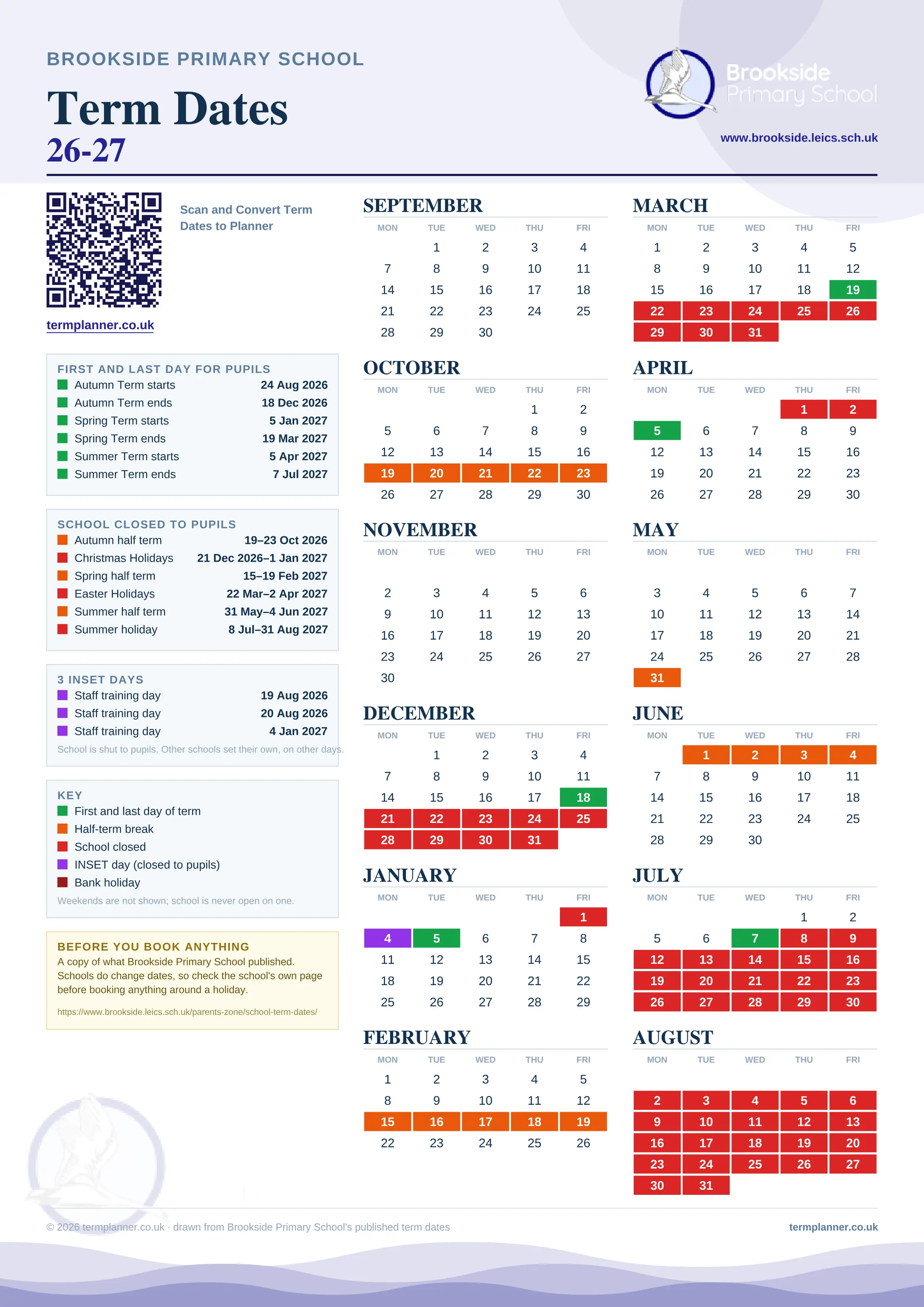 Brookside Primary School’s 2026/27 school year drawn as one sheet: twelve month grids from September to August, Monday to Friday, with autumn term 24 August to 18 December 2026, spring term 5 January to 19 March 2027, summer term 5 April to 7 July 2027. Half terms, holidays and bank holidays are filled in colour, the first and last day of each term is marked, 3 INSET days are picked out, and every date is listed again in words down the left.