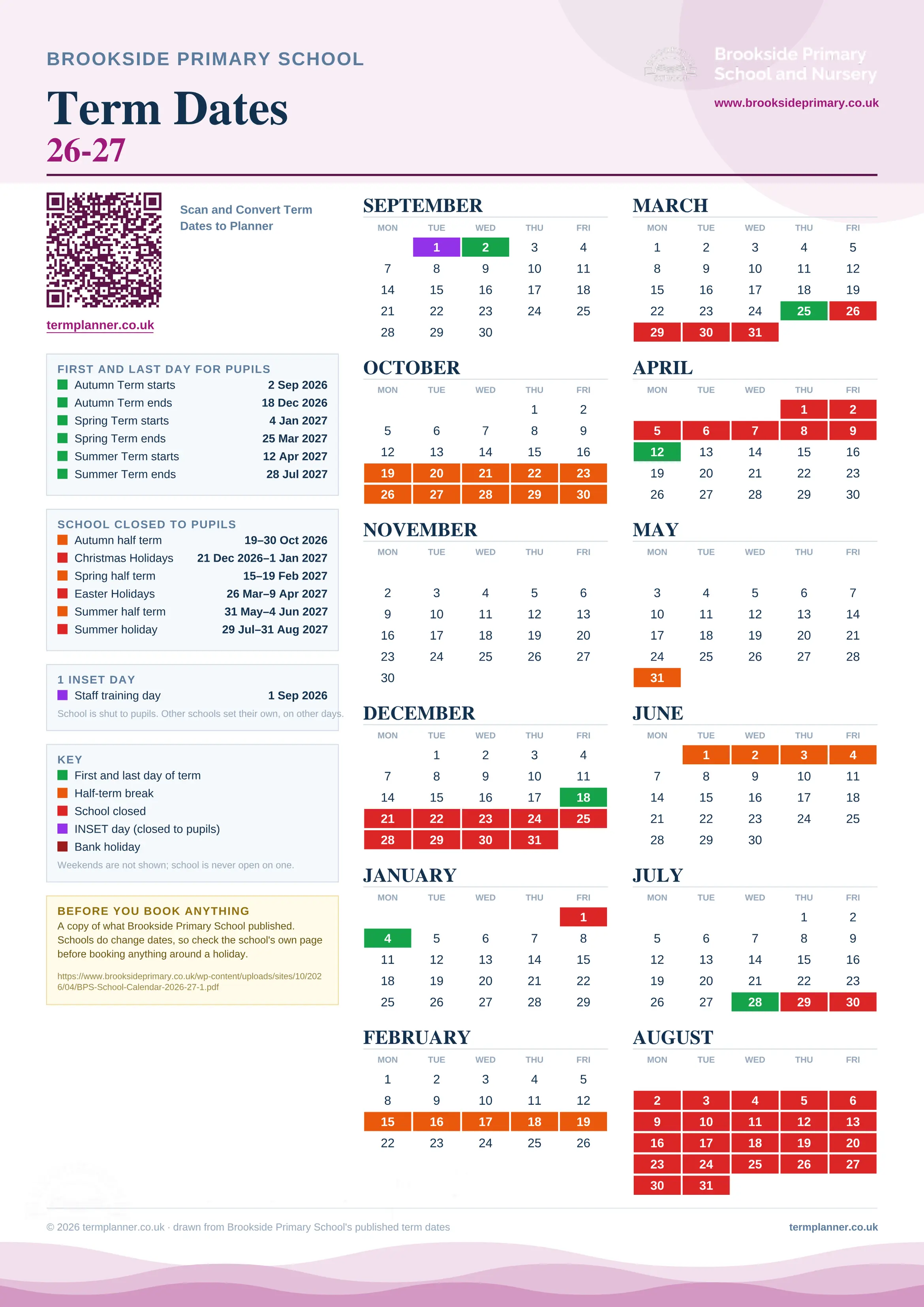 Brookside Primary School’s 2026/27 school year drawn as one sheet: twelve month grids from September to August, Monday to Friday, with autumn term 2 September to 18 December 2026, spring term 4 January to 25 March 2027, summer term 12 April to 28 July 2027. Half terms, holidays and bank holidays are filled in colour, the first and last day of each term is marked, 1 INSET day is picked out, and every date is listed again in words down the left.