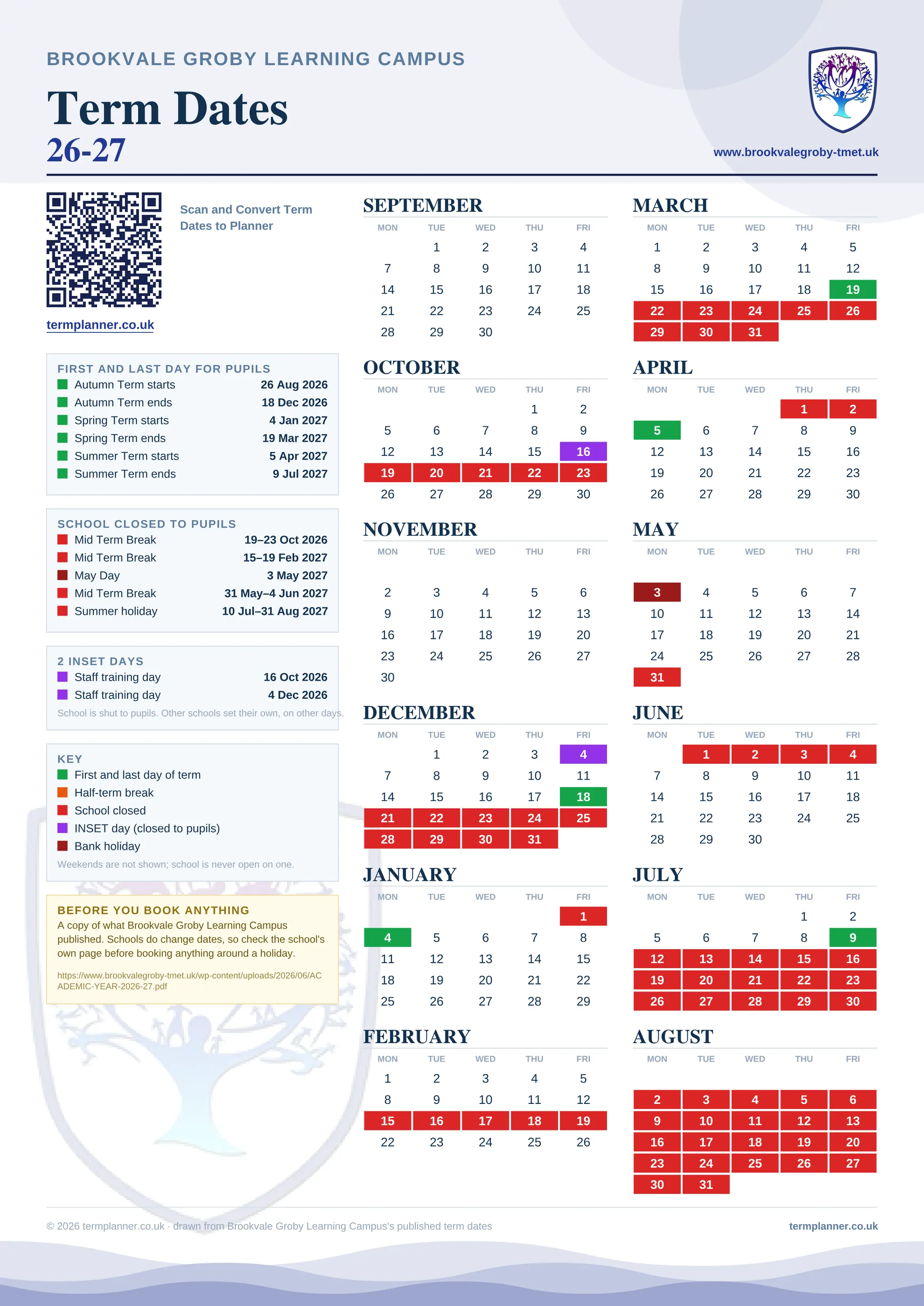 Brookvale Groby Learning Campus’s 2026/27 school year drawn as one sheet: twelve month grids from September to August, Monday to Friday, with autumn term 26 August to 18 December 2026, spring term 4 January to 19 March 2027, summer term 5 April to 9 July 2027. Half terms, holidays and bank holidays are filled in colour, the first and last day of each term is marked, 2 INSET days are picked out, and every date is listed again in words down the left.