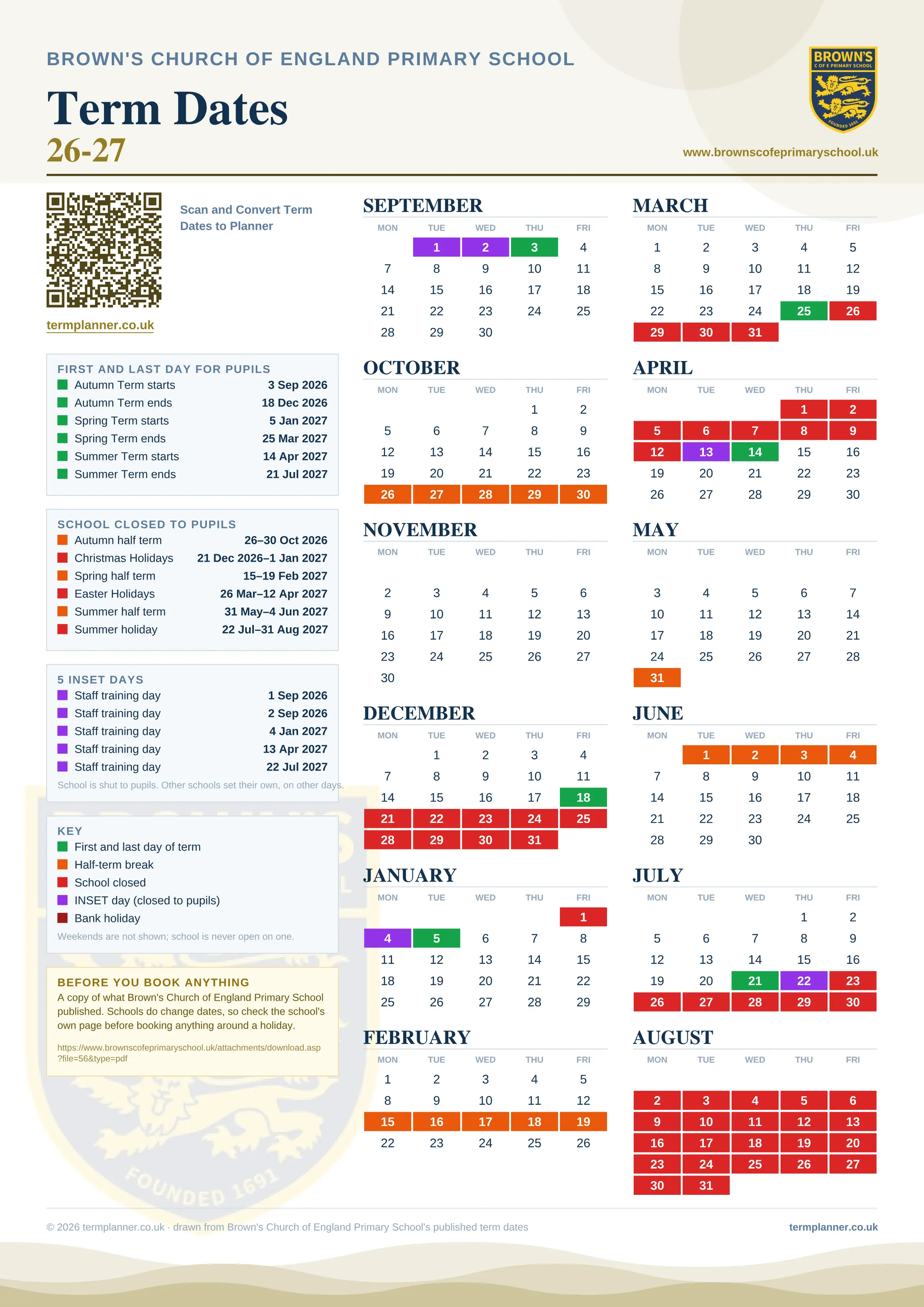 Brown's Church of England Primary School’s 2026/27 school year drawn as one sheet: twelve month grids from September to August, Monday to Friday, with autumn term 3 September to 18 December 2026, spring term 5 January to 25 March 2027, summer term 14 April to 21 July 2027. Half terms, holidays and bank holidays are filled in colour, the first and last day of each term is marked, 5 INSET days are picked out, and every date is listed again in words down the left.