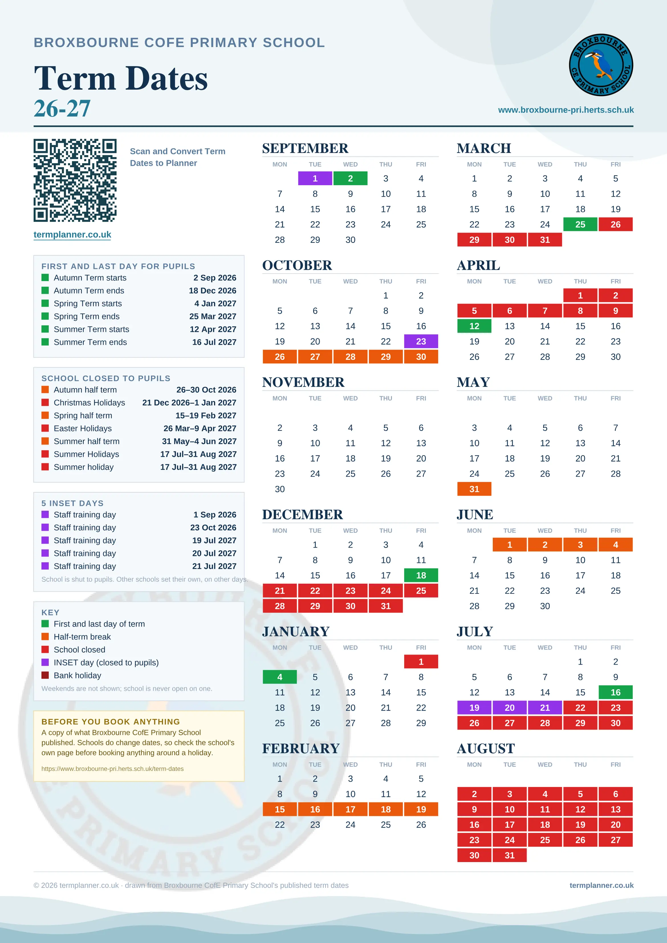 Broxbourne CofE Primary School’s 2026/27 school year drawn as one sheet: twelve month grids from September to August, Monday to Friday, with autumn term 2 September to 18 December 2026, spring term 4 January to 25 March 2027, summer term 12 April to 16 July 2027. Half terms, holidays and bank holidays are filled in colour, the first and last day of each term is marked, 5 INSET days are picked out, and every date is listed again in words down the left.