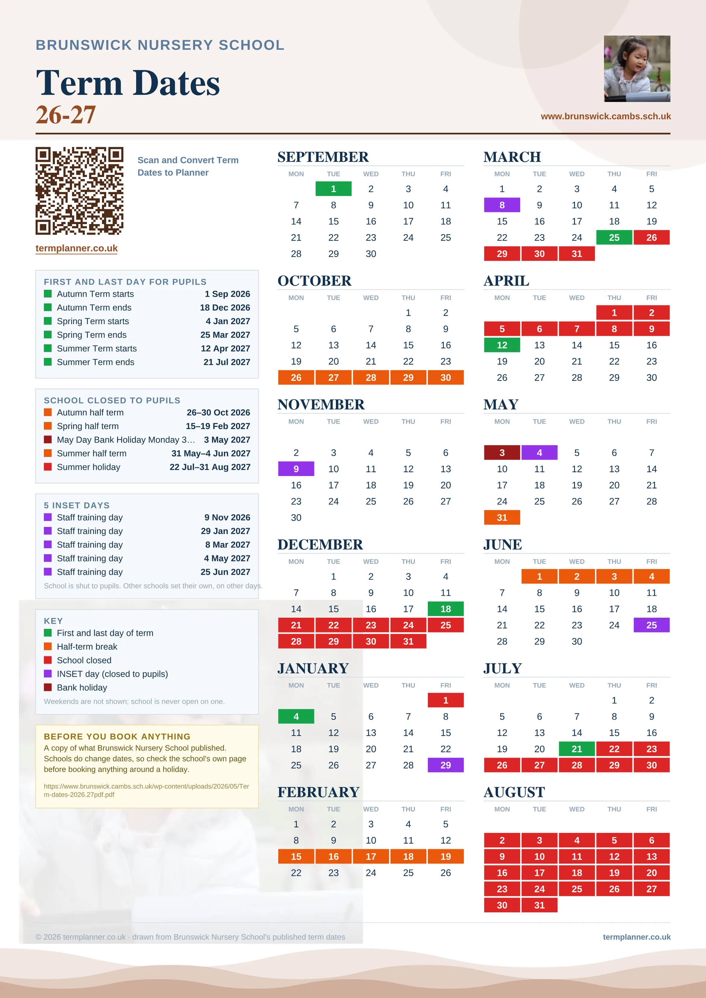 Brunswick Nursery School’s 2026/27 school year drawn as one sheet: twelve month grids from September to August, Monday to Friday, with autumn term 1 September to 18 December 2026, spring term 4 January to 25 March 2027, summer term 12 April to 21 July 2027. Half terms, holidays and bank holidays are filled in colour, the first and last day of each term is marked, 5 INSET days are picked out, and every date is listed again in words down the left.