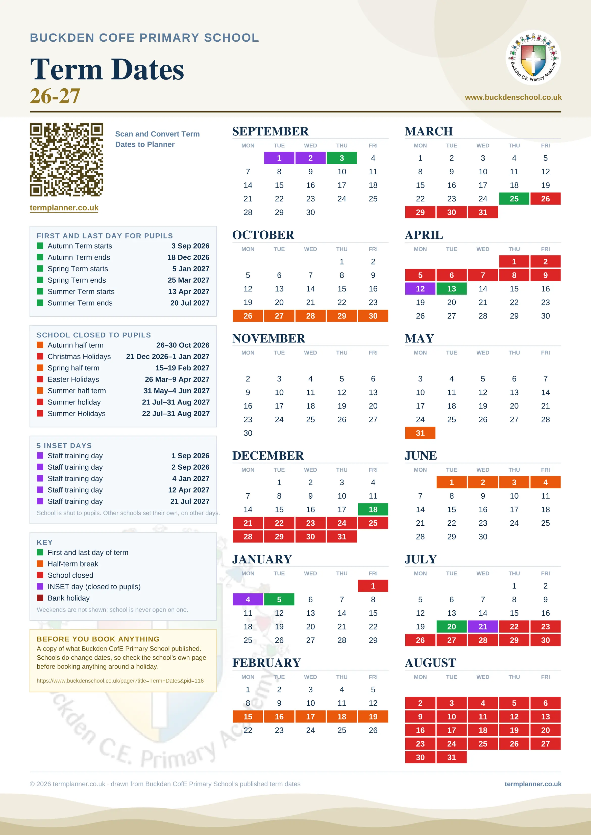 Buckden CofE Primary School’s 2026/27 school year drawn as one sheet: twelve month grids from September to August, Monday to Friday, with autumn term 3 September to 18 December 2026, spring term 5 January to 25 March 2027, summer term 13 April to 20 July 2027. Half terms, holidays and bank holidays are filled in colour, the first and last day of each term is marked, 5 INSET days are picked out, and every date is listed again in words down the left.