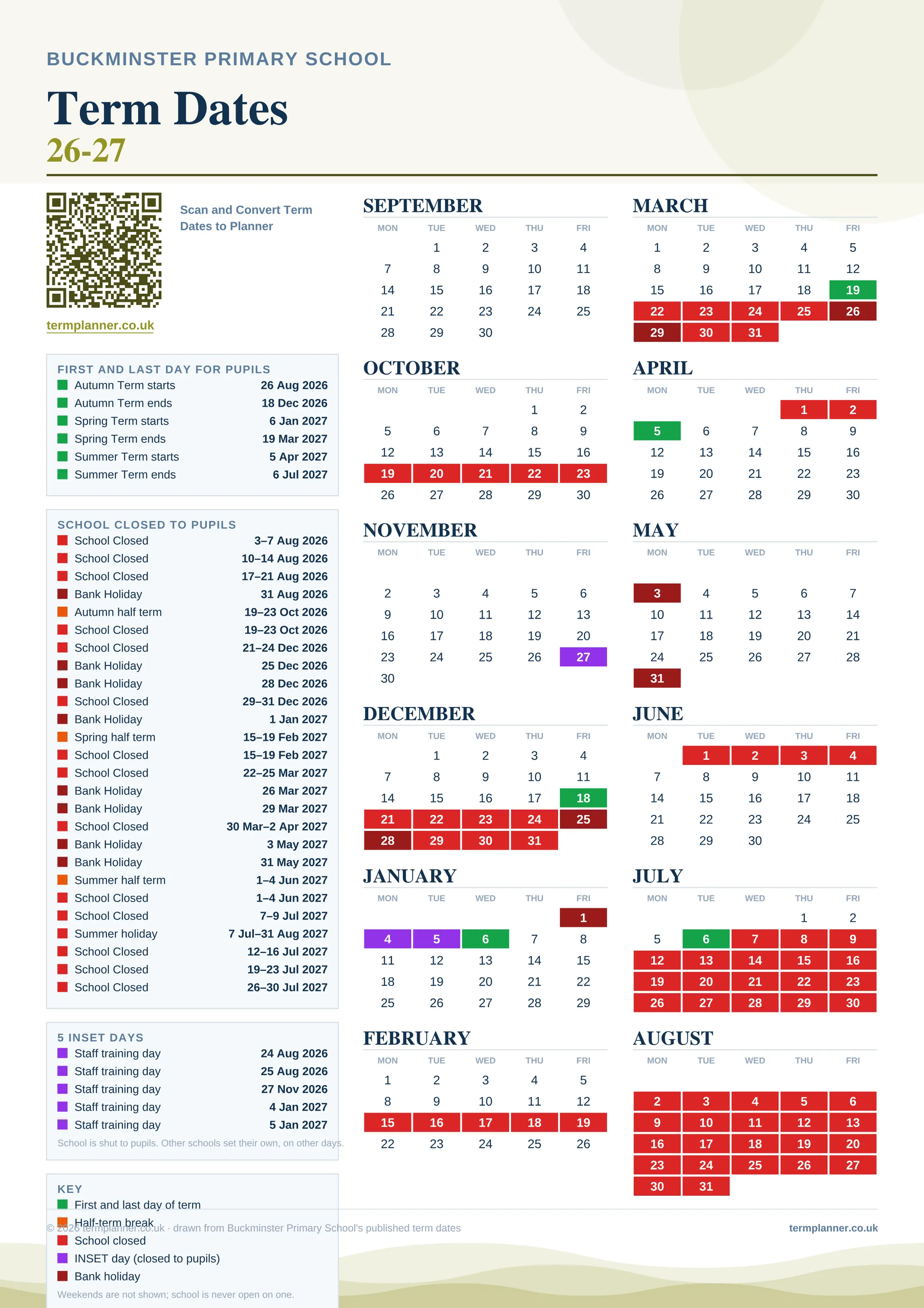Buckminster Primary School’s 2026/27 school year drawn as one sheet: twelve month grids from September to August, Monday to Friday, with autumn term 26 August to 18 December 2026, spring term 6 January to 19 March 2027, summer term 5 April to 6 July 2027. Half terms, holidays and bank holidays are filled in colour, the first and last day of each term is marked, 3 INSET days are picked out, and every date is listed again in words down the left.